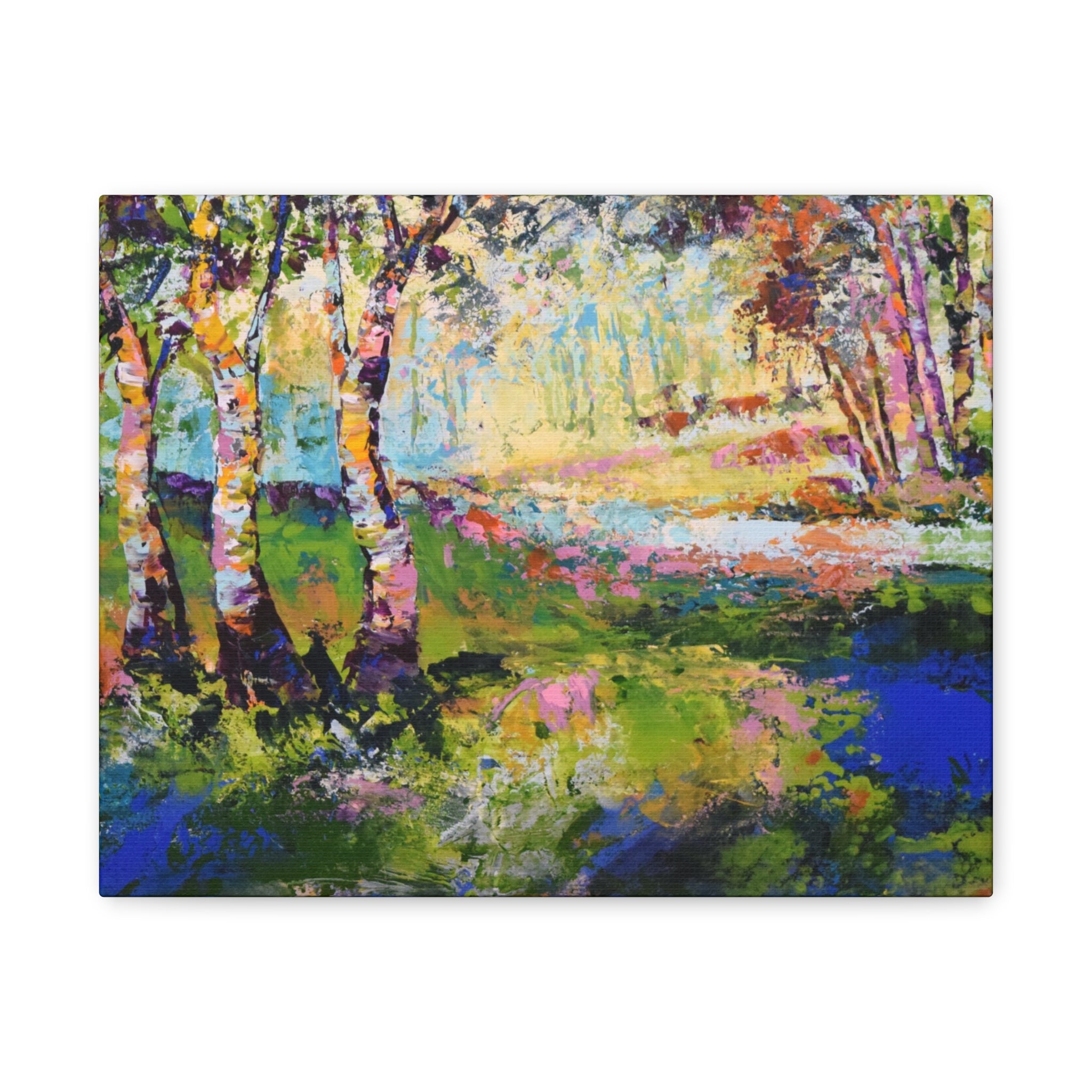 A colorful landscape painting print of a painting of birch trees and a reflective pond, rendered in expressive brushstrokes with greens, blues, purples, pinks, and yellows, shown against a plain white background.