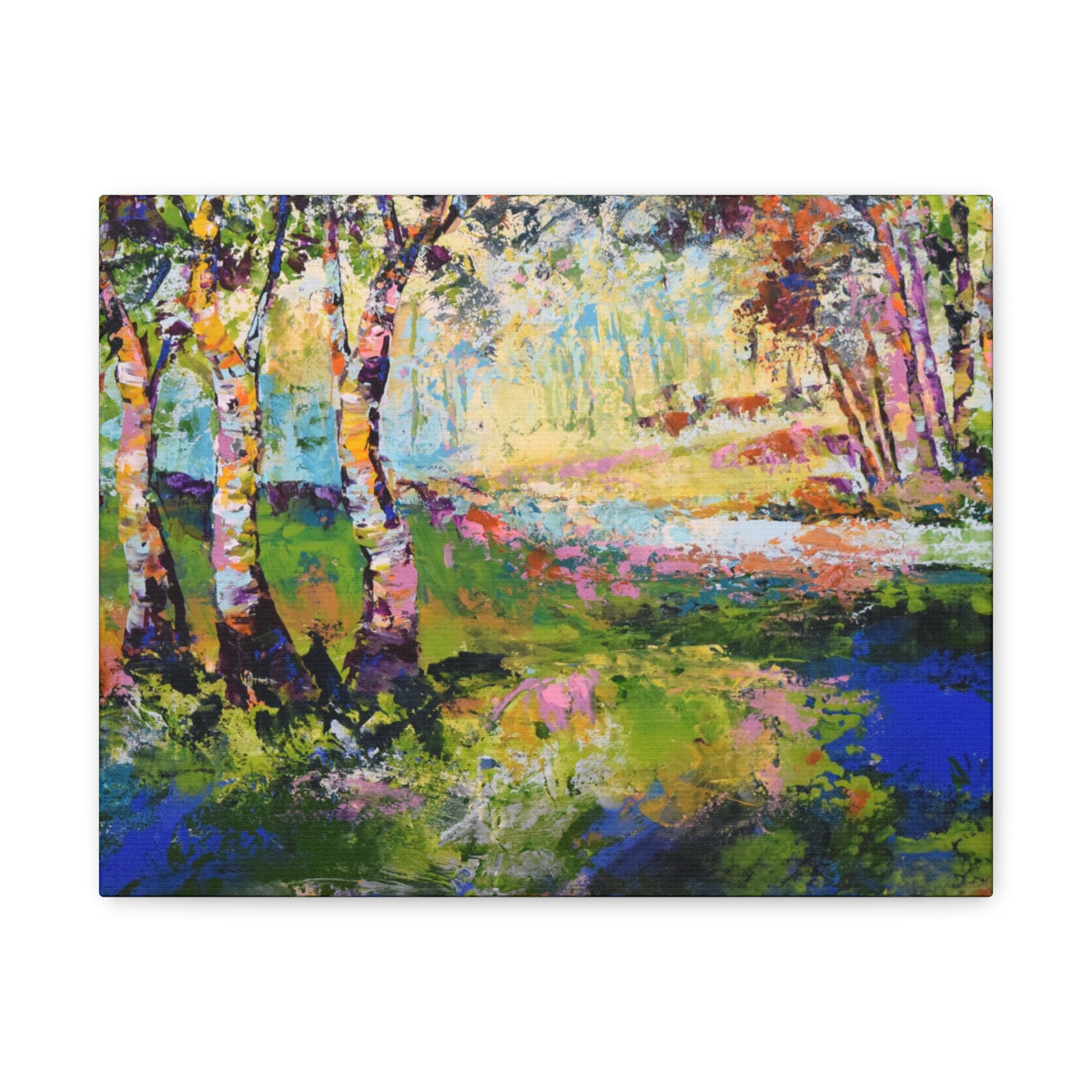 A colorful landscape painting print of a painting of birch trees and a reflective pond, rendered in expressive brushstrokes with greens, blues, purples, pinks, and yellows, shown against a plain white background.