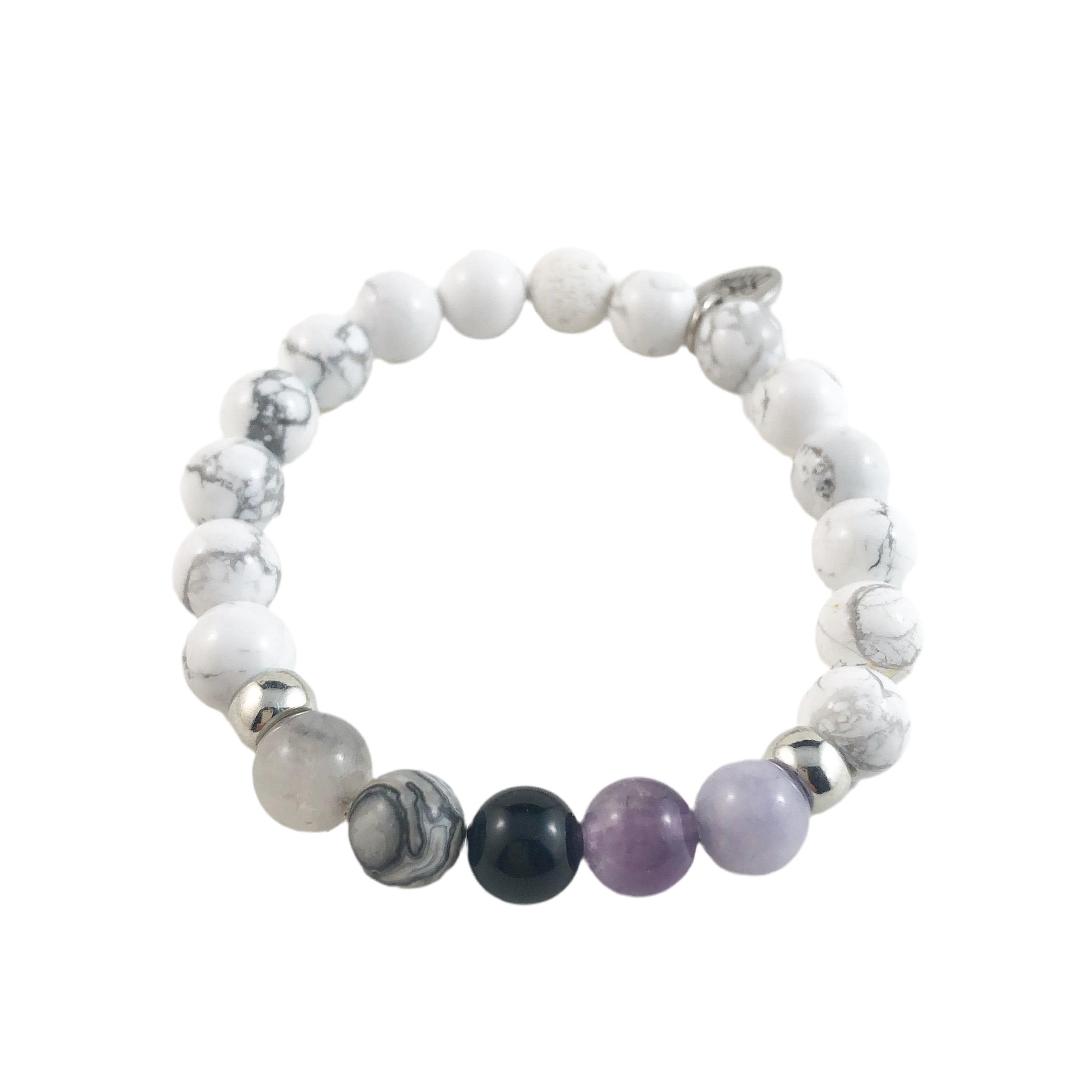 Beaded bracelet with white howlite, gray, black, and purple stone beads 