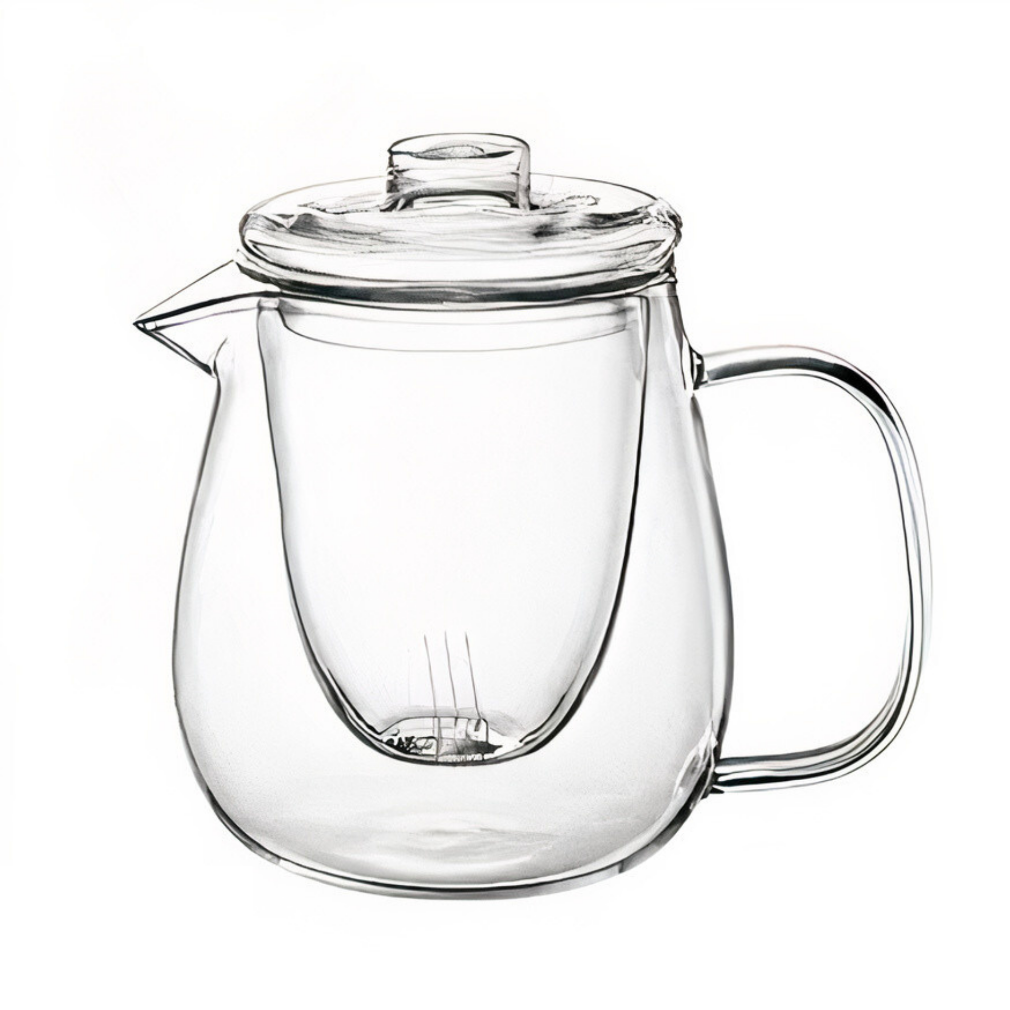 Clear glass teapot with a lid on a white background