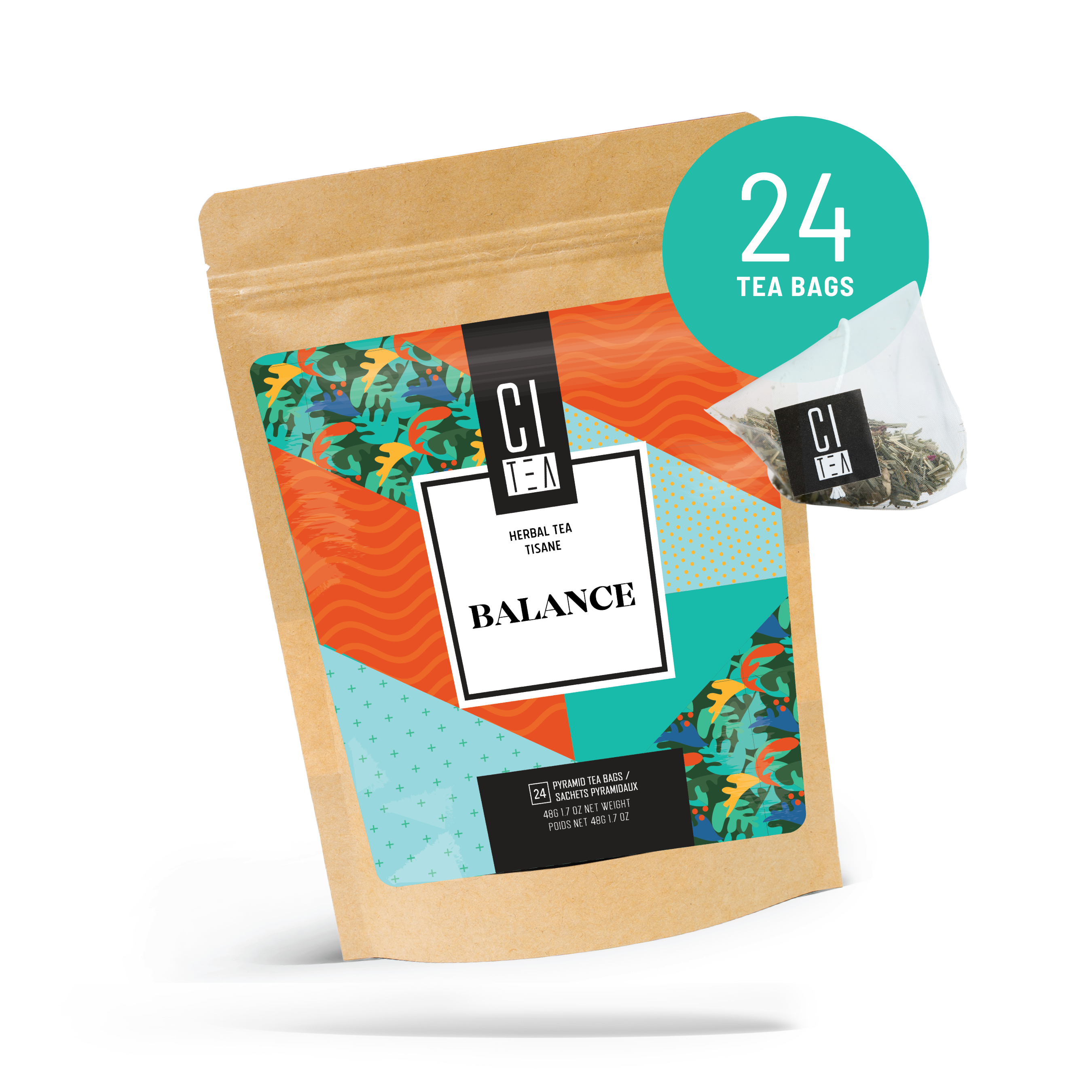 Tea package with 'Balance' label and 24 tea bags on a white background
