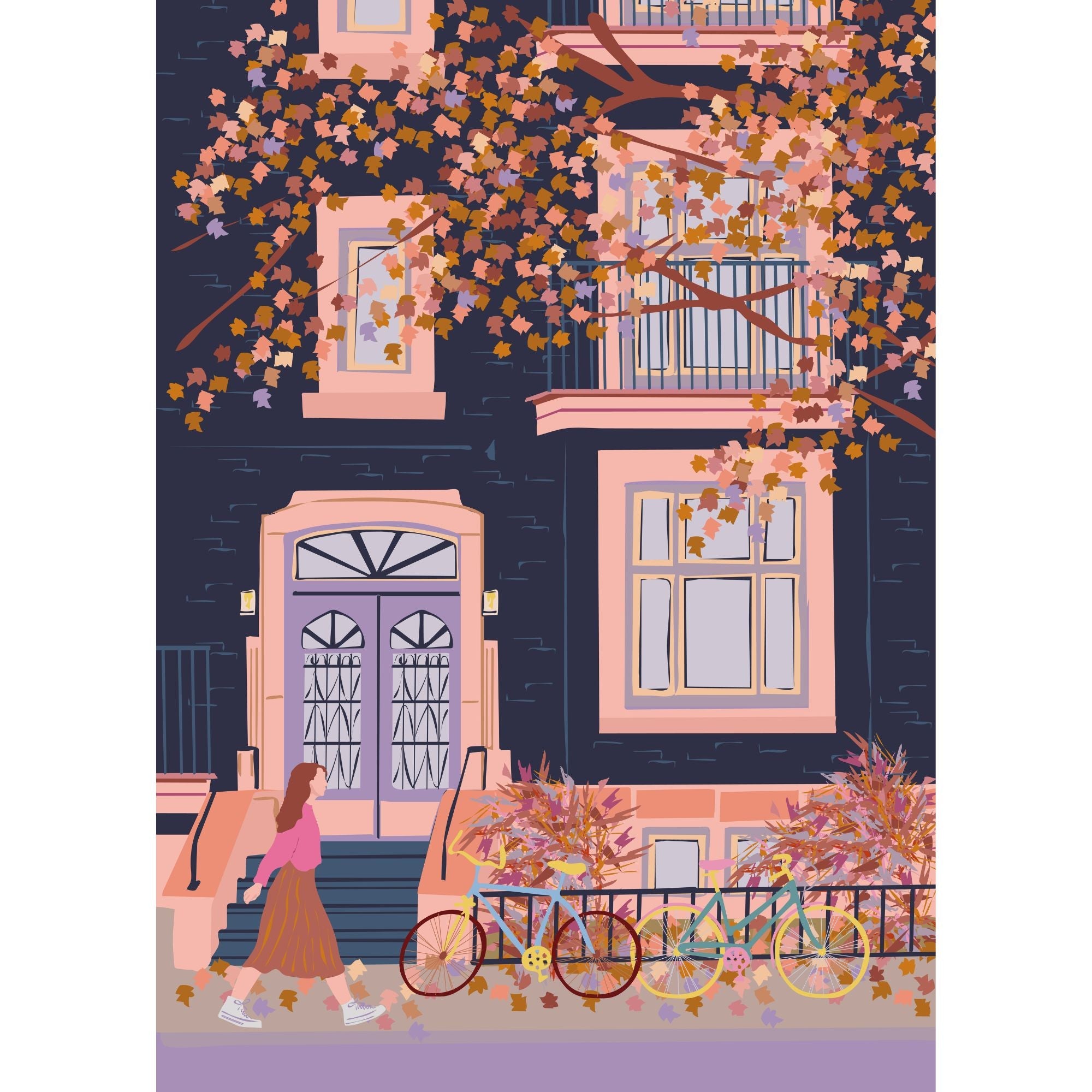 Illustration of a woman walking past a building with bicycles and autumn foliage.