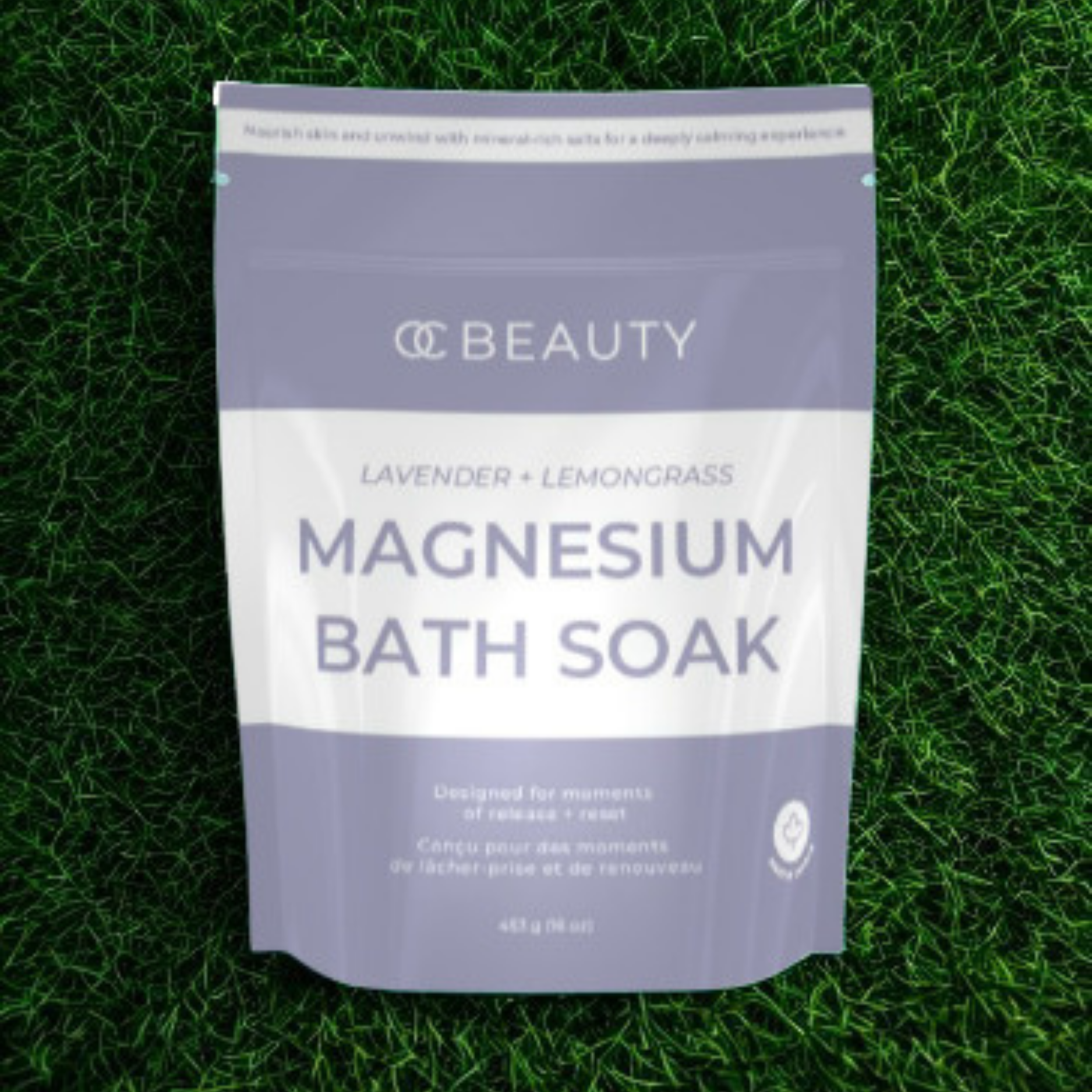 OC Beauty Lavender + Lemongrass Magnesium Bath Soak package on grass