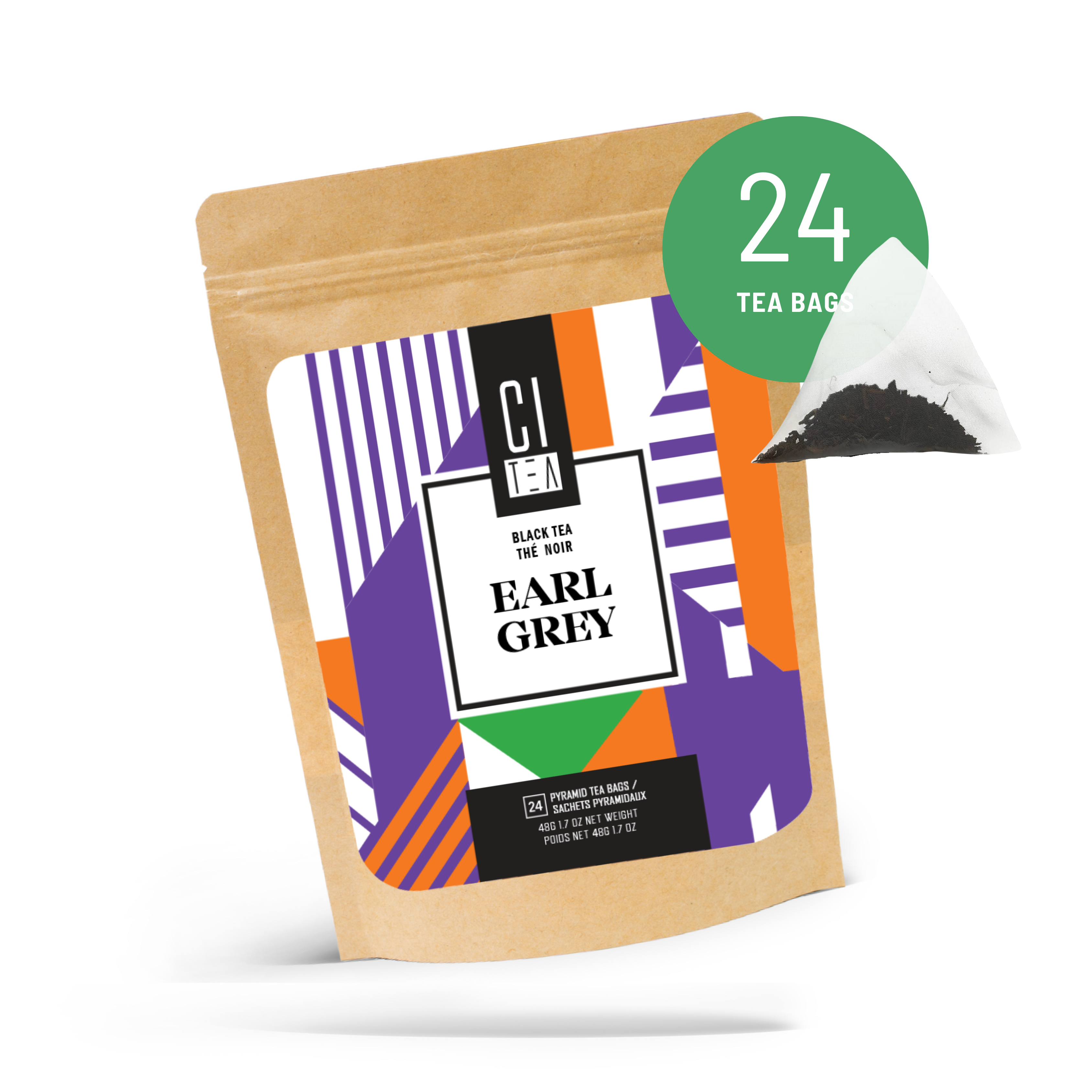 Tea package with geometric design and 'Earl Grey' text on a white background