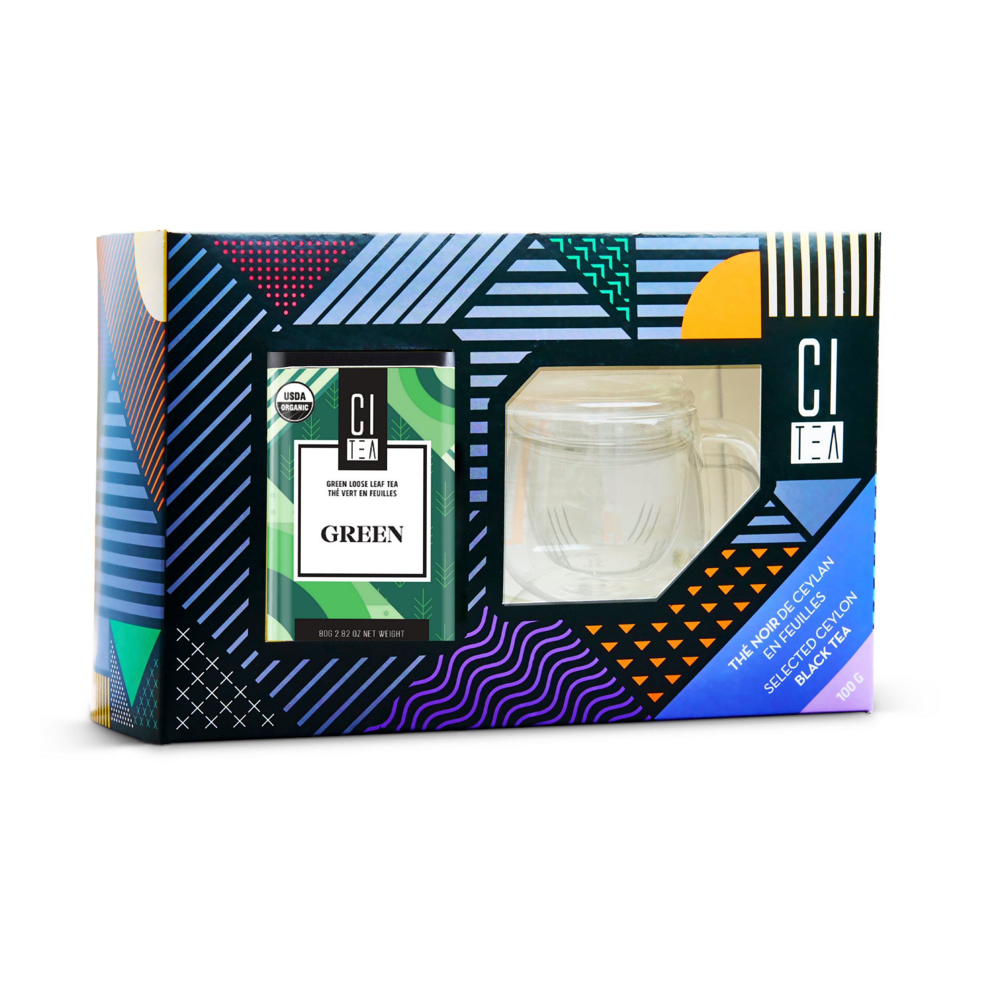 Colorful tea packaging with geometric patterns on a white background
