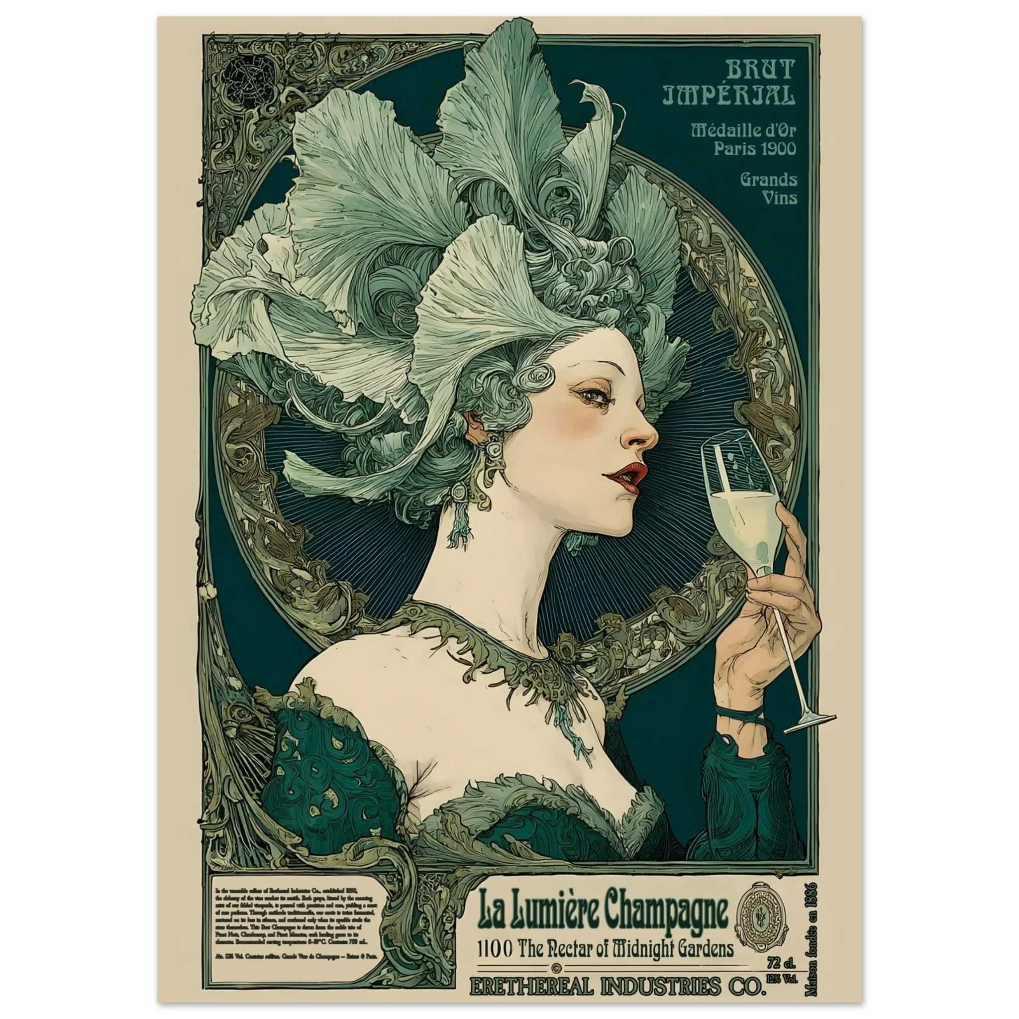 Vintage-style advertisement poster featuring a woman with a decorative headpiece holding a champagne glass.