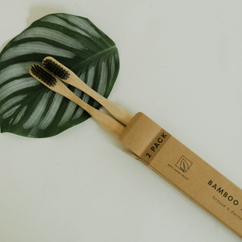 Two bamboo toothbrushes with a wooden handle on a white background with a green leaf.