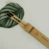 Two bamboo toothbrushes with a wooden handle on a white background with a green leaf.