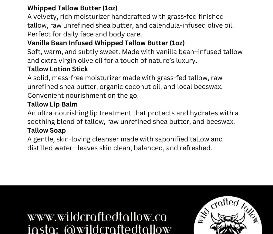 Product description of tallow-based skincare items with a brand logo.