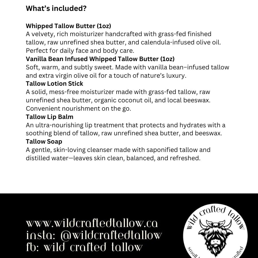 Product description of tallow-based skincare items with a brand logo.