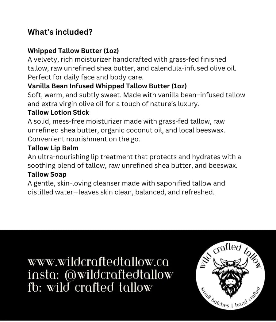 Product description of tallow-based skincare items with a brand logo.