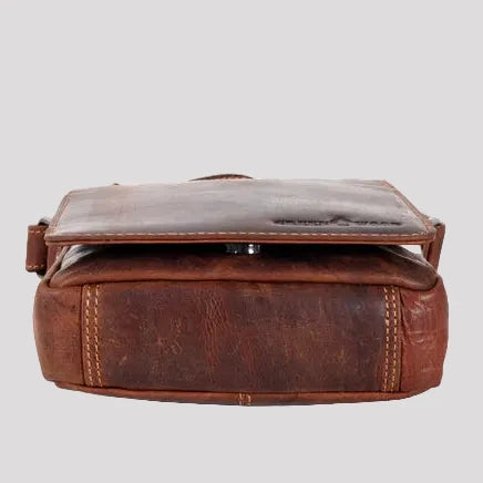 Greenwood Mini-Messenger Bag – Wax Pull-Up Leather Flap Over | Boutique of Leathers brown bottom