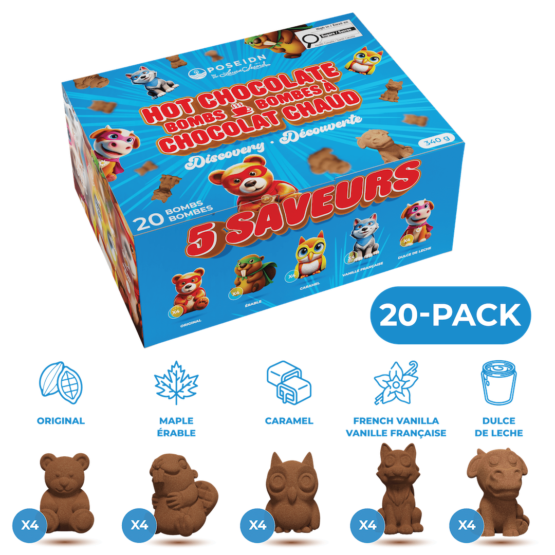 A blue box of Hopyjon Hot Chocolate Bombs with 5 flavors, shown with five brown chocolate bear-shaped bombs and four x4 labels below, on a white background.