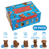 A blue box of Hopyjon Hot Chocolate Bombs with 5 flavors, shown with five brown chocolate bear-shaped bombs and four x4 labels below, on a white background.