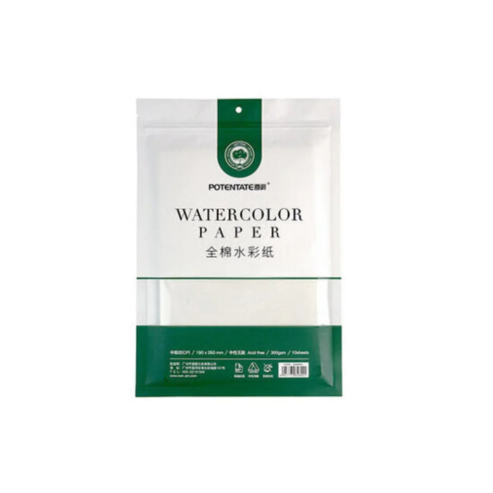 Packaging of watercolor paper with green and white design on a white background