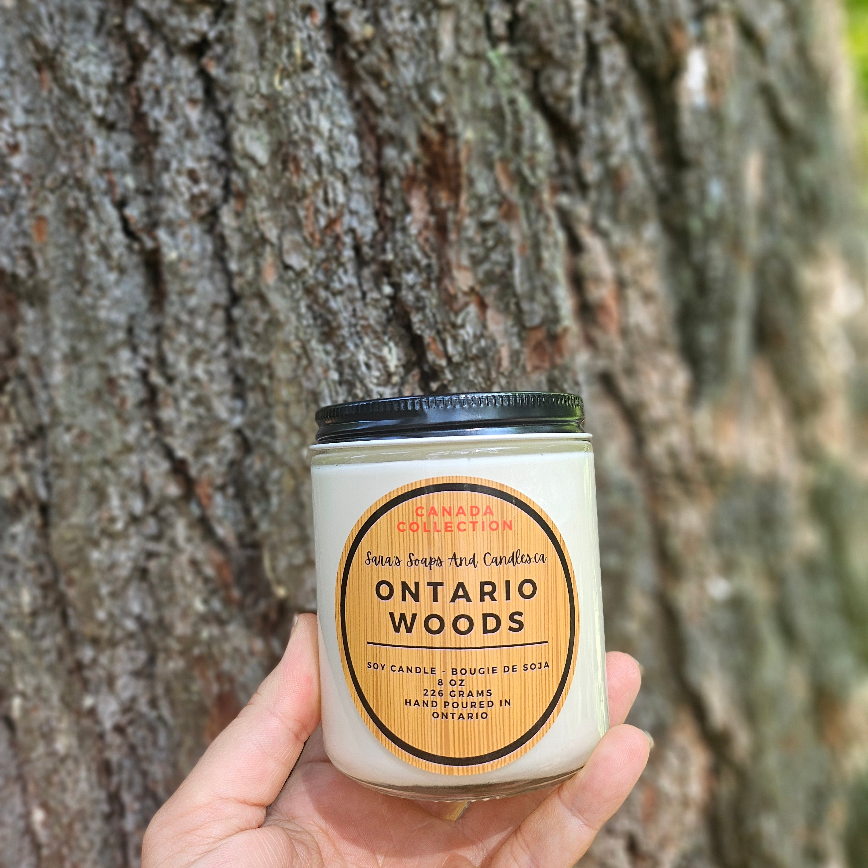 Hand holding a candle labeled 'Ontario Woods' against a tree background