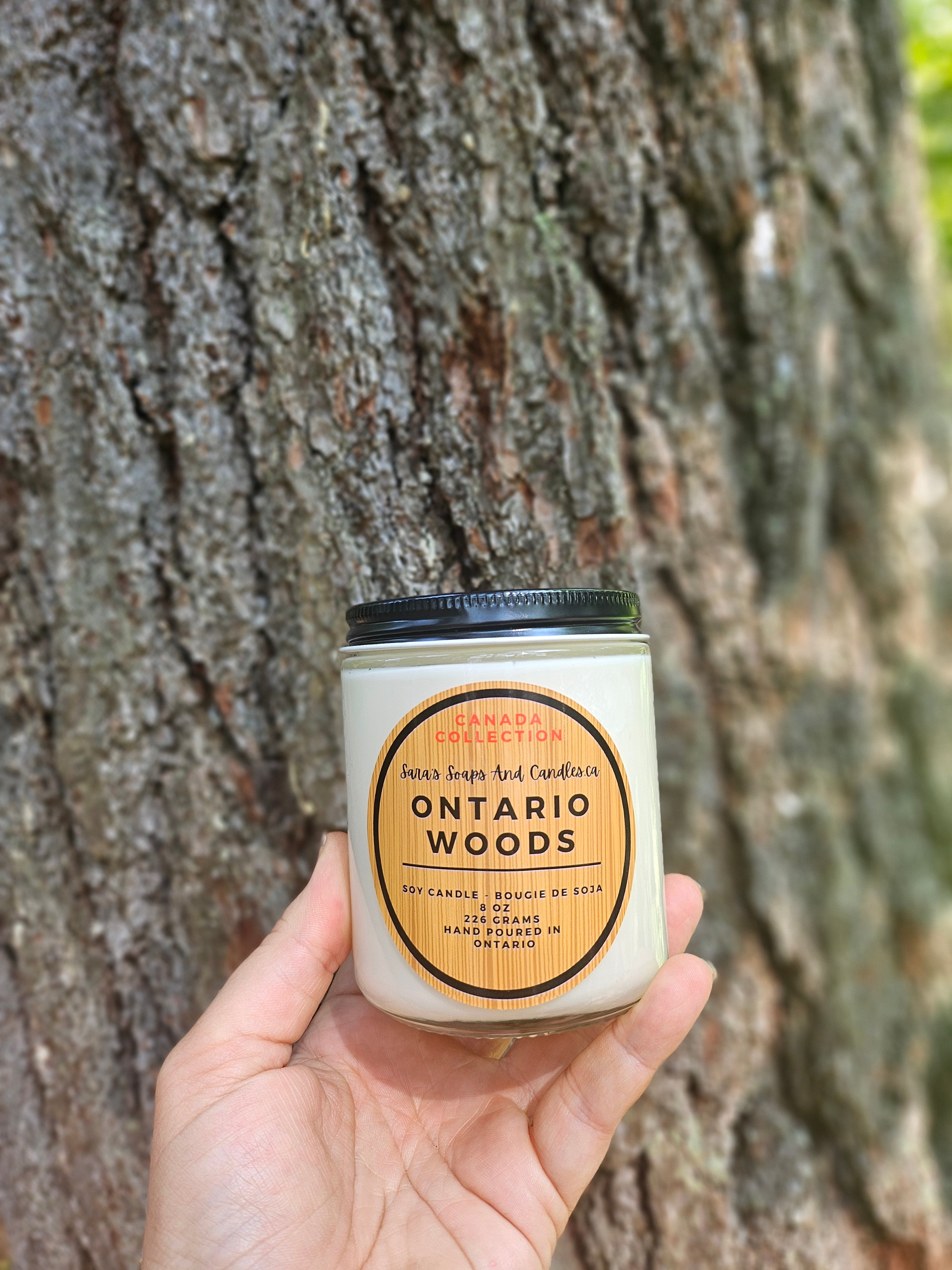 Hand holding a candle labeled 'Ontario Woods' against a tree background