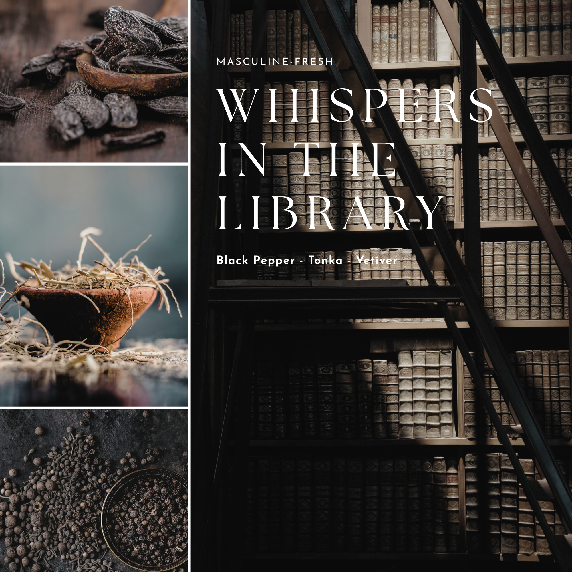 Collage of dried herbs and spices with a bookshelf background and 'Whispers in the Library' product name.