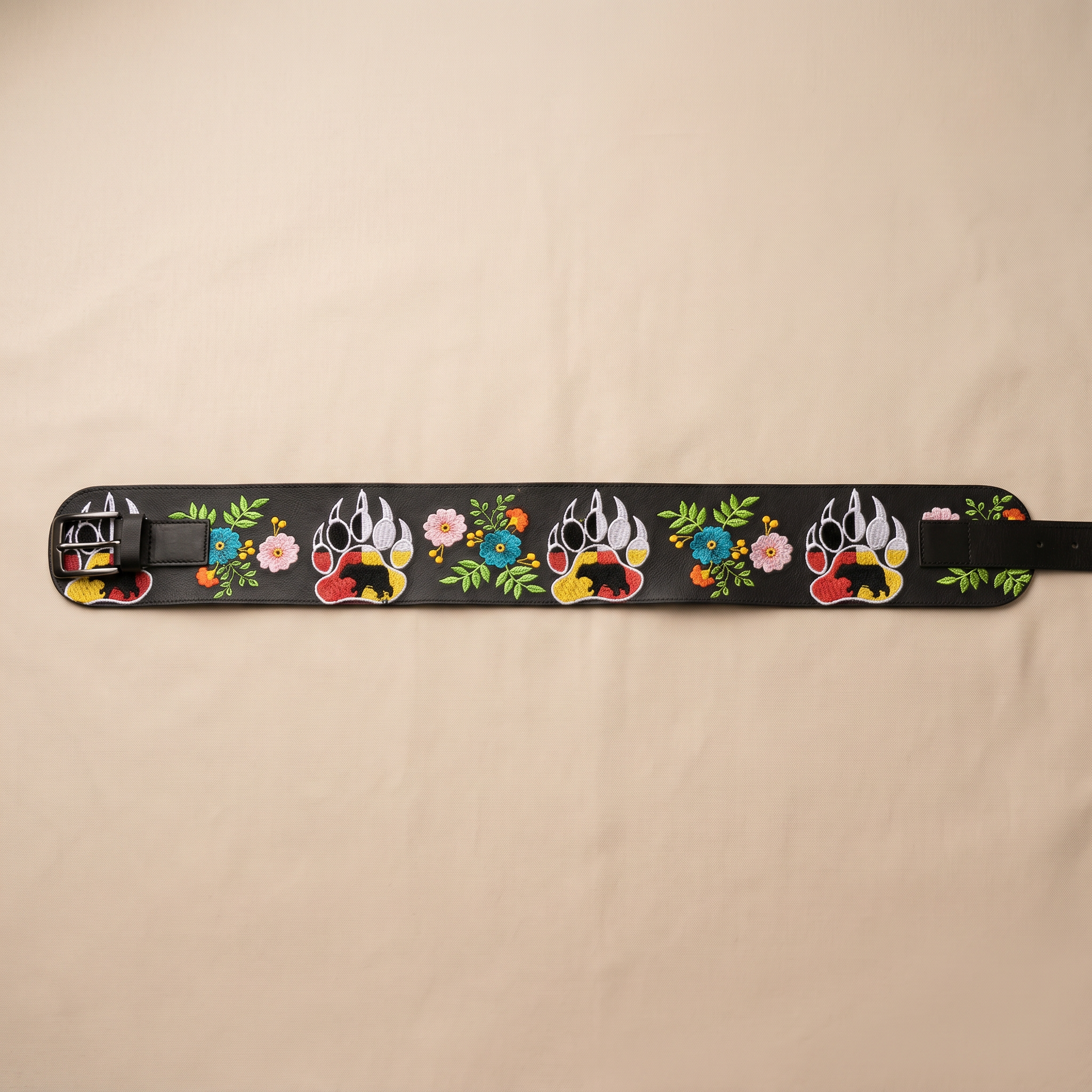 Decorative belt strap with floral and bear paw designs on a beige background