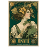 Vintage-style Absinthe poster with a woman holding absinthe leaves and flowers.