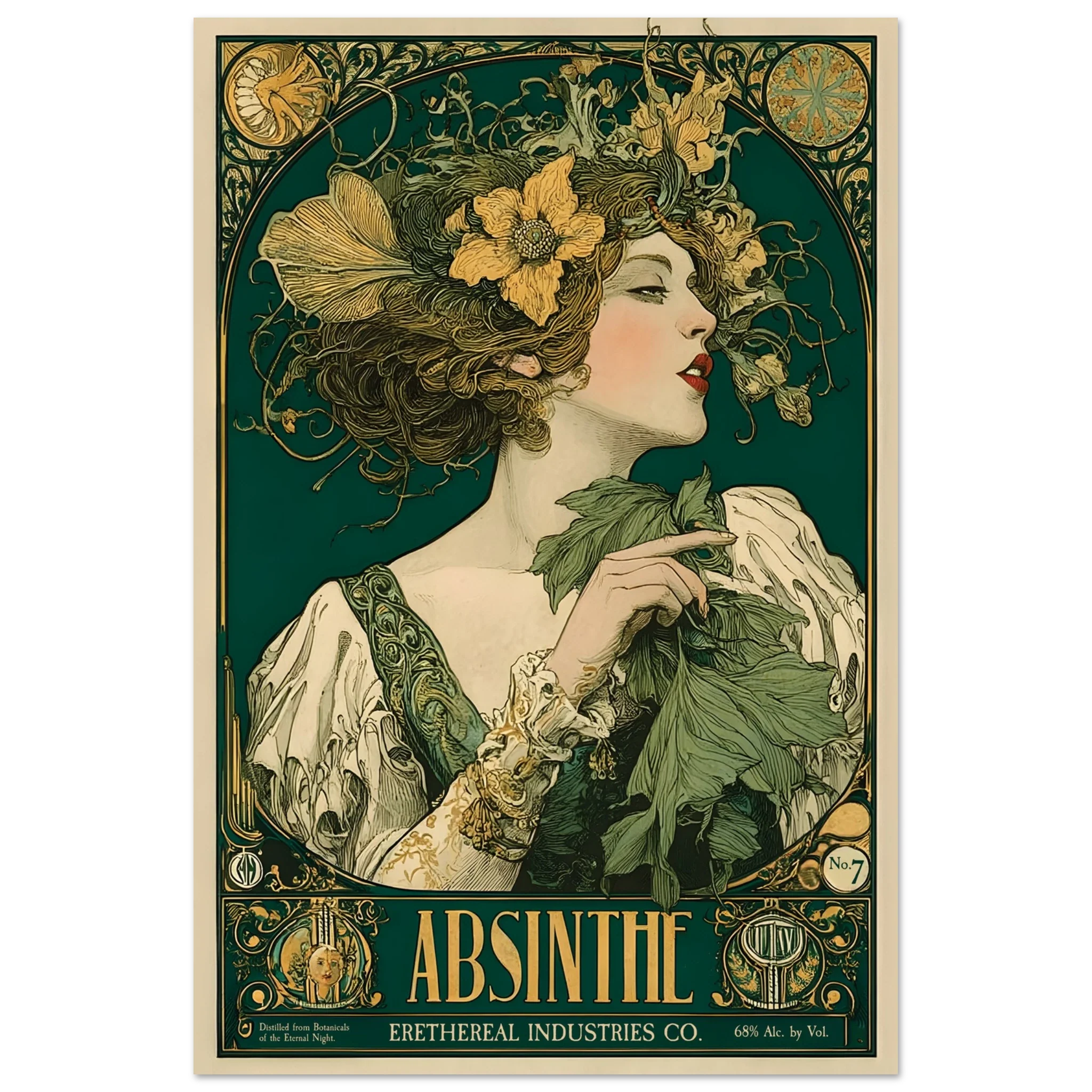 Vintage-style Absinthe poster with a woman holding absinthe leaves and flowers.