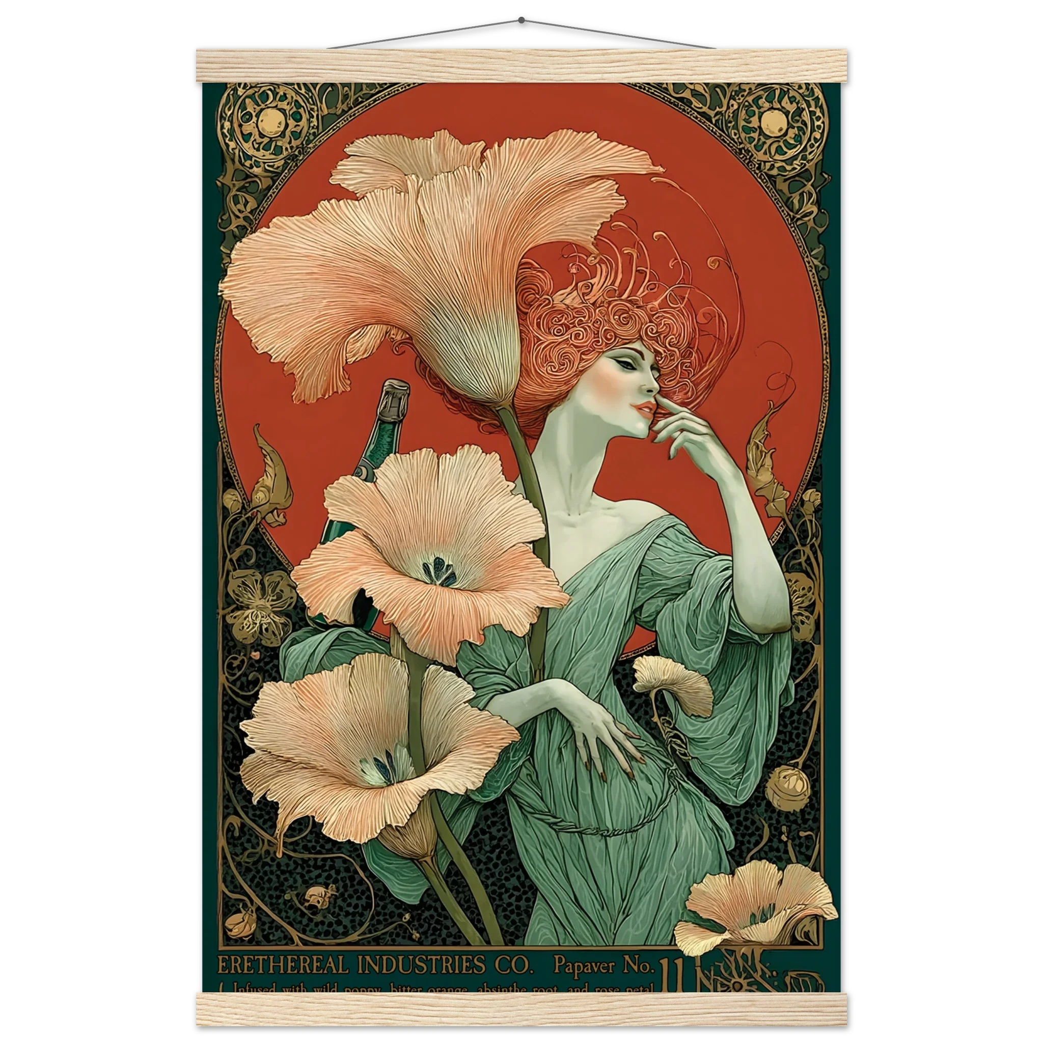 Art Nouveau-style poster with a woman and flowers, featuring intricate designs and a warm color palette.