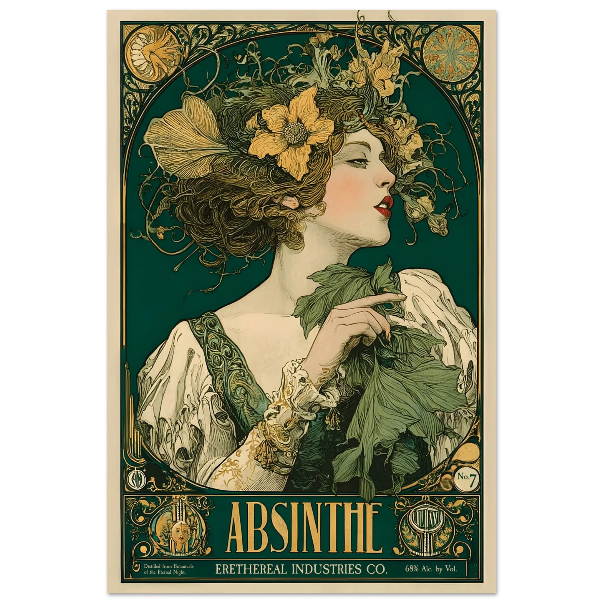 Vintage-style Absinthe advertisement poster with a woman holding leaves and flowers.