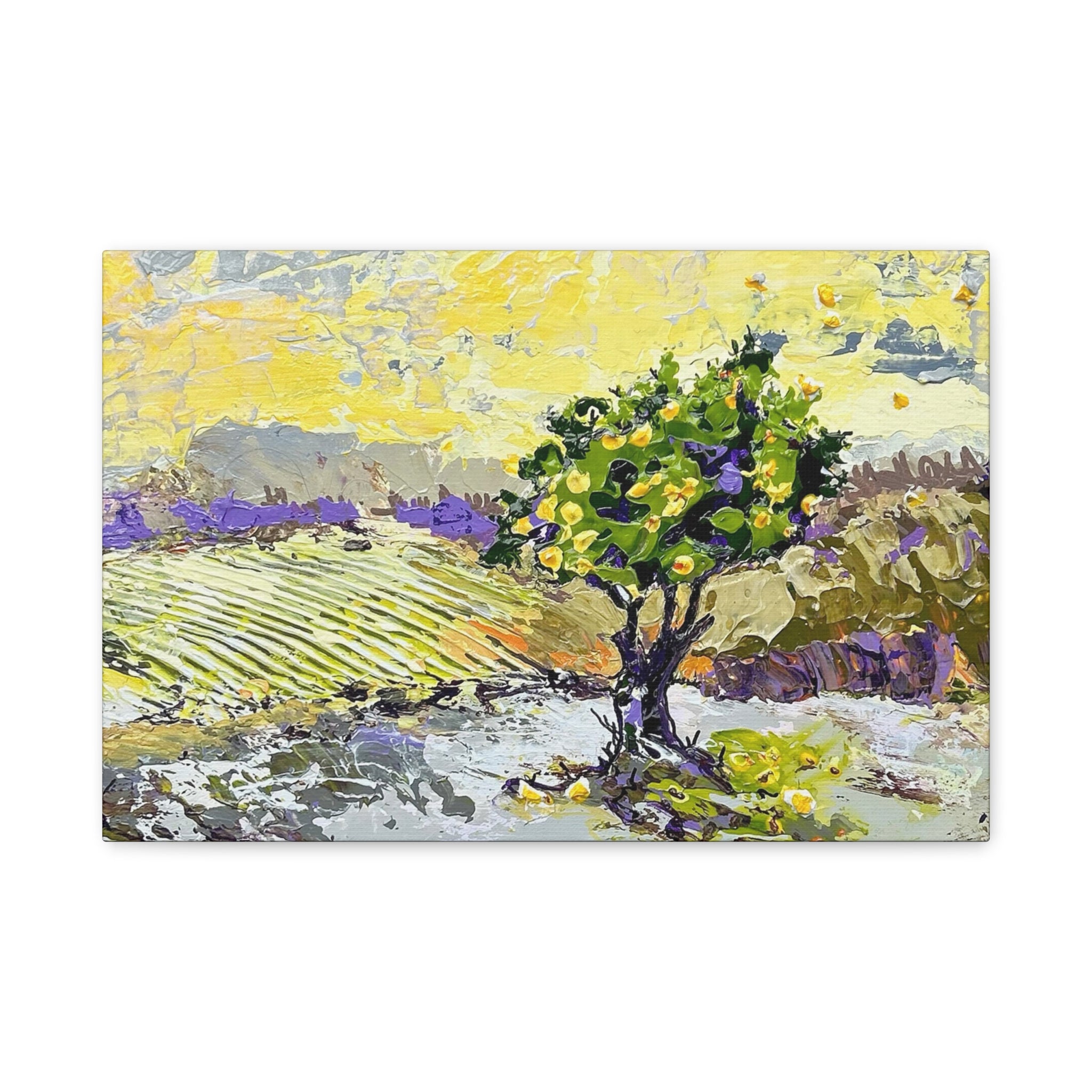 Restless is the Wind Canvas Print | Nancy Overbury An impressionistic landscape painting featuring a prominent green tree with yellow fruit in the foreground, lavender fields in purple hues, and a bright yellow sky, presented as a canvas print on a white background.