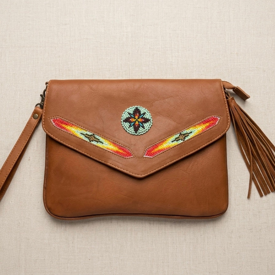 OldTribes A brown leather crossbody bag with a flap closure, decorated with a central circular beaded medallion and two matching beaded arrowhead designs on the flap. The bag features a matching leather tassel strap on the right side and a shoulder strap on the left, laid flat on a textured beige fabric background.