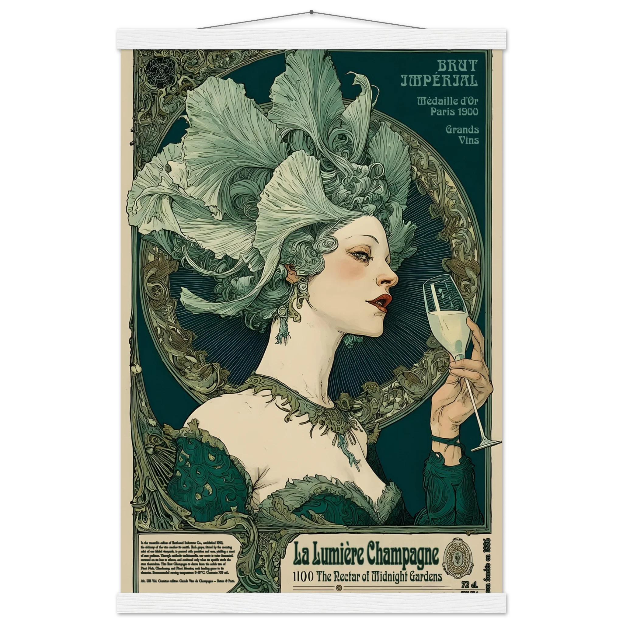 Vintage-style poster of a woman with elaborate green hair holding a champagne glass, framed by decorative elements.