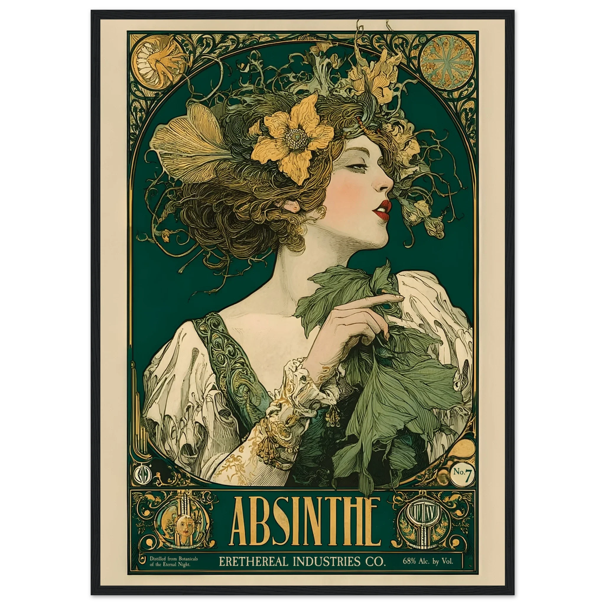 Vintage-style poster of a woman with flowers and absinthe leaves, featuring the brand 'Ethereal Industries Co.'