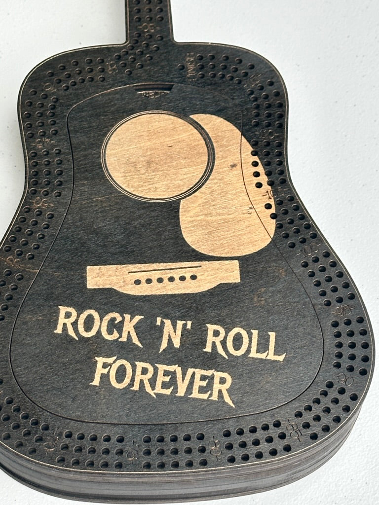 Guitar-shaped cribbage board with 'Rock 'N' Roll Forever' text on a white background
