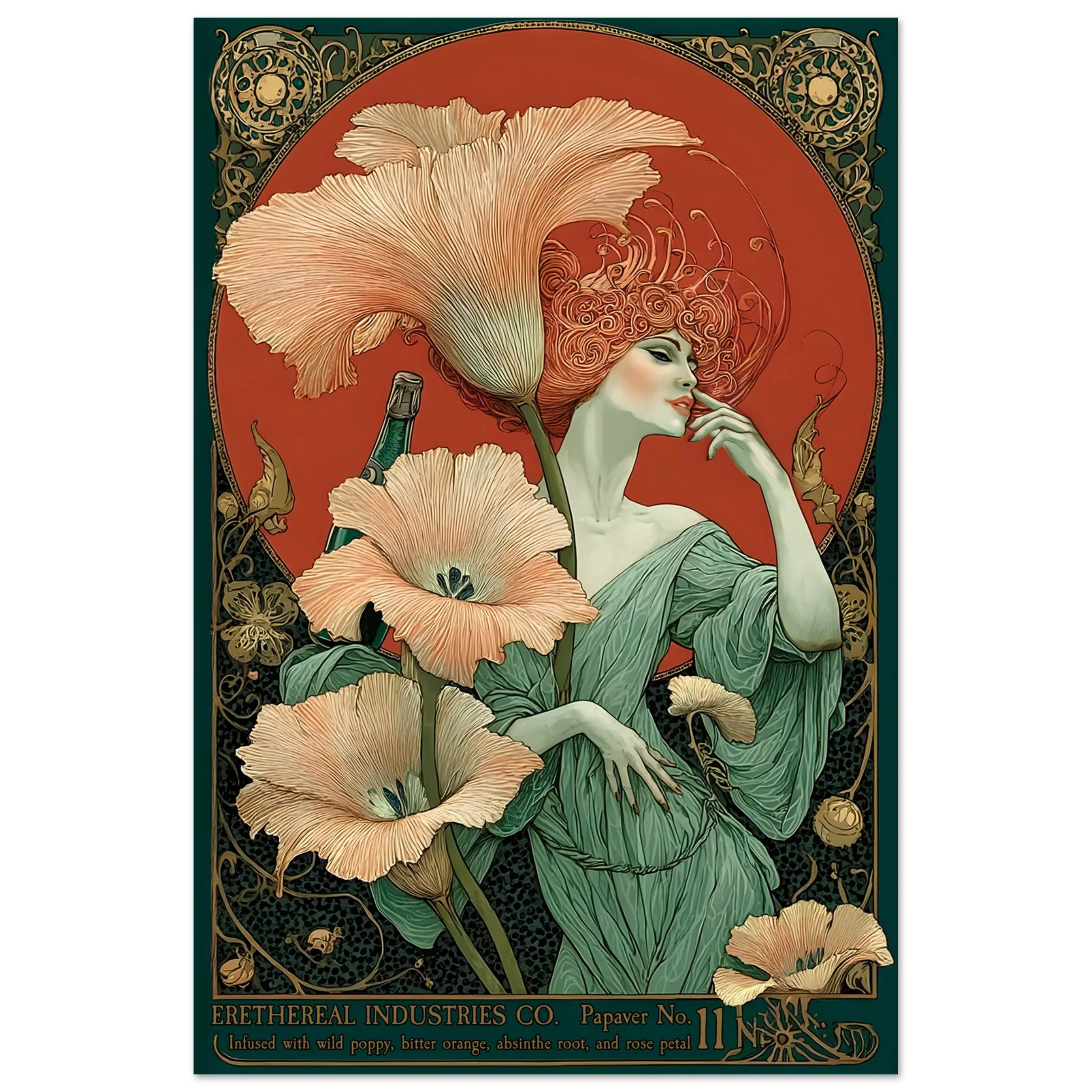 Art Nouveau-style poster with a woman and flowers, featuring intricate details and a decorative border.