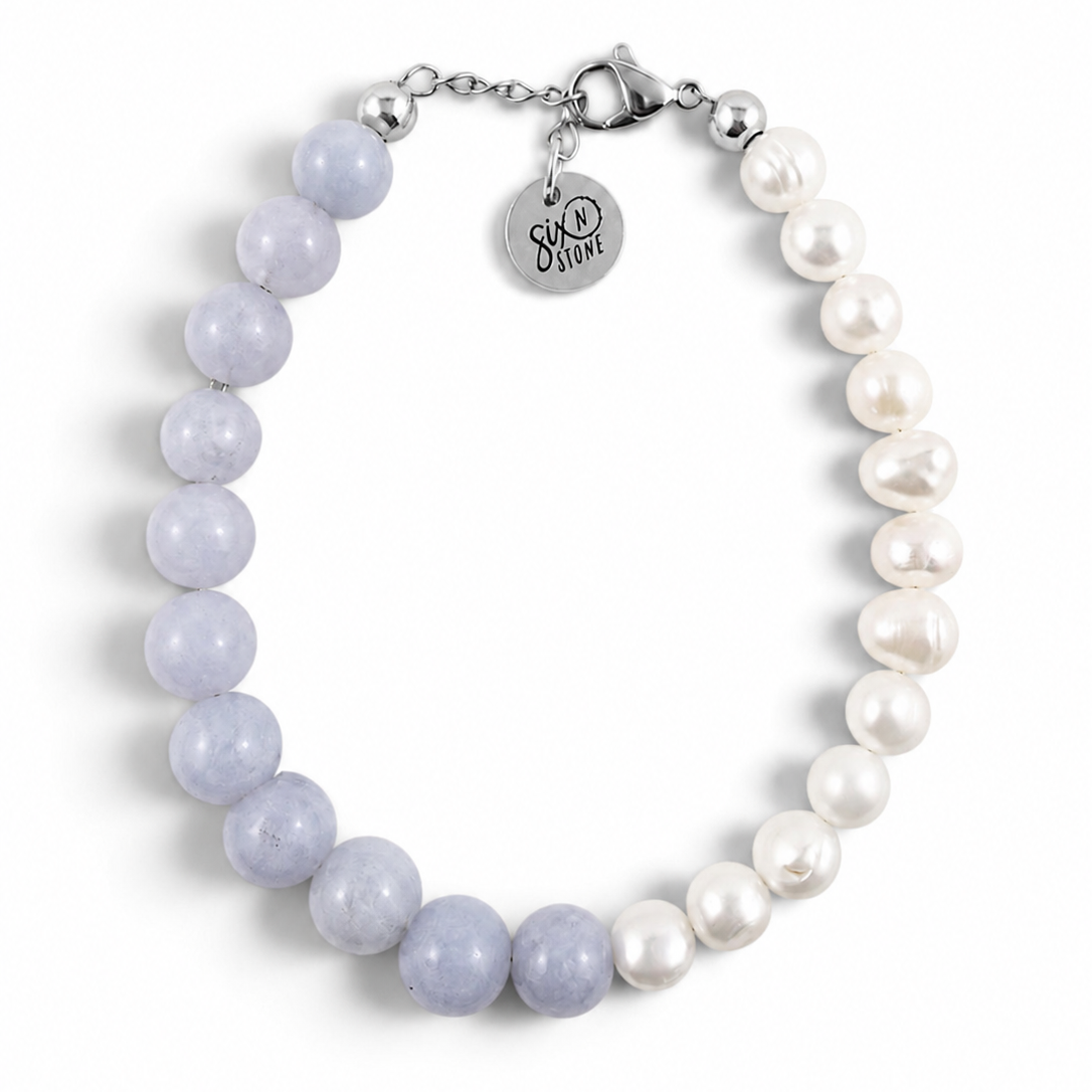 Blueberries & Cream Bracelet split-color beaded bracelet with Blue Angelite & Pearl Gemstone Bracelet finished with a silver-tone lobster clasp and a round engraved tag 