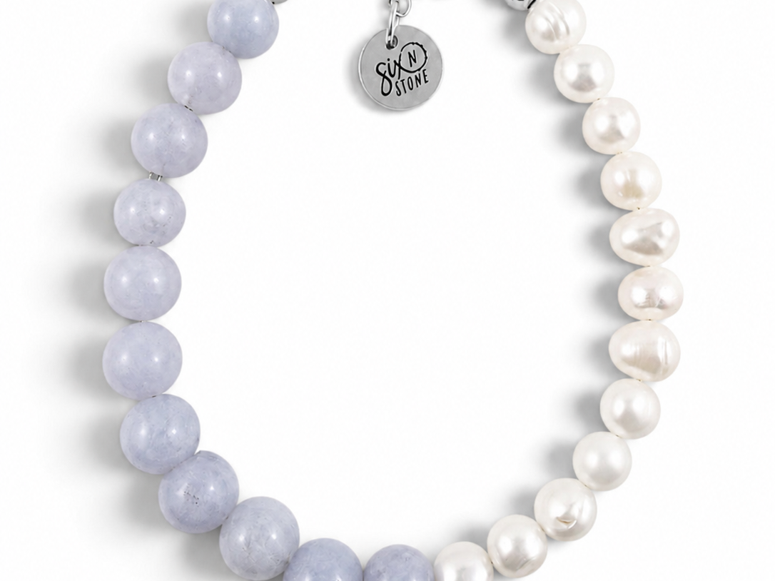 Blueberries & Cream Bracelet split-color beaded bracelet with Blue Angelite & Pearl Gemstone Bracelet finished with a silver-tone lobster clasp and a round engraved tag 