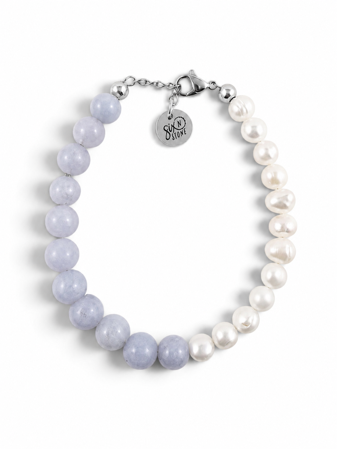 Blueberries & Cream Bracelet split-color beaded bracelet with Blue Angelite & Pearl Gemstone Bracelet finished with a silver-tone lobster clasp and a round engraved tag 