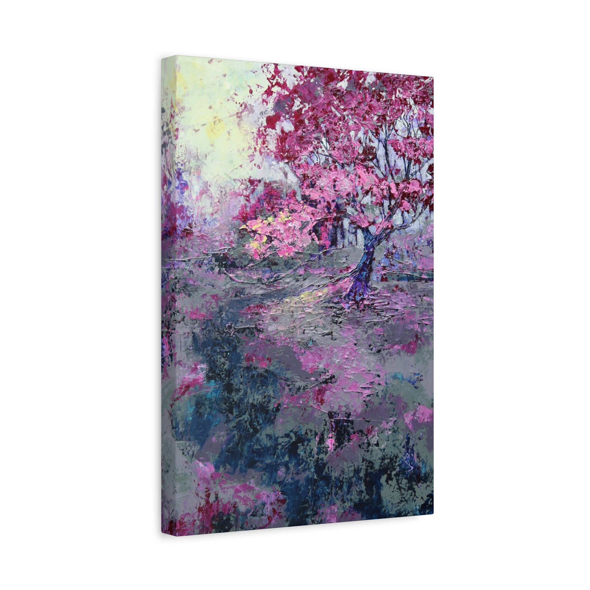 Nancy Overbury canvas print – Heather of the Rocks – pink flowering tree with lavender and blue-green landscape – vertical wall art -side view
