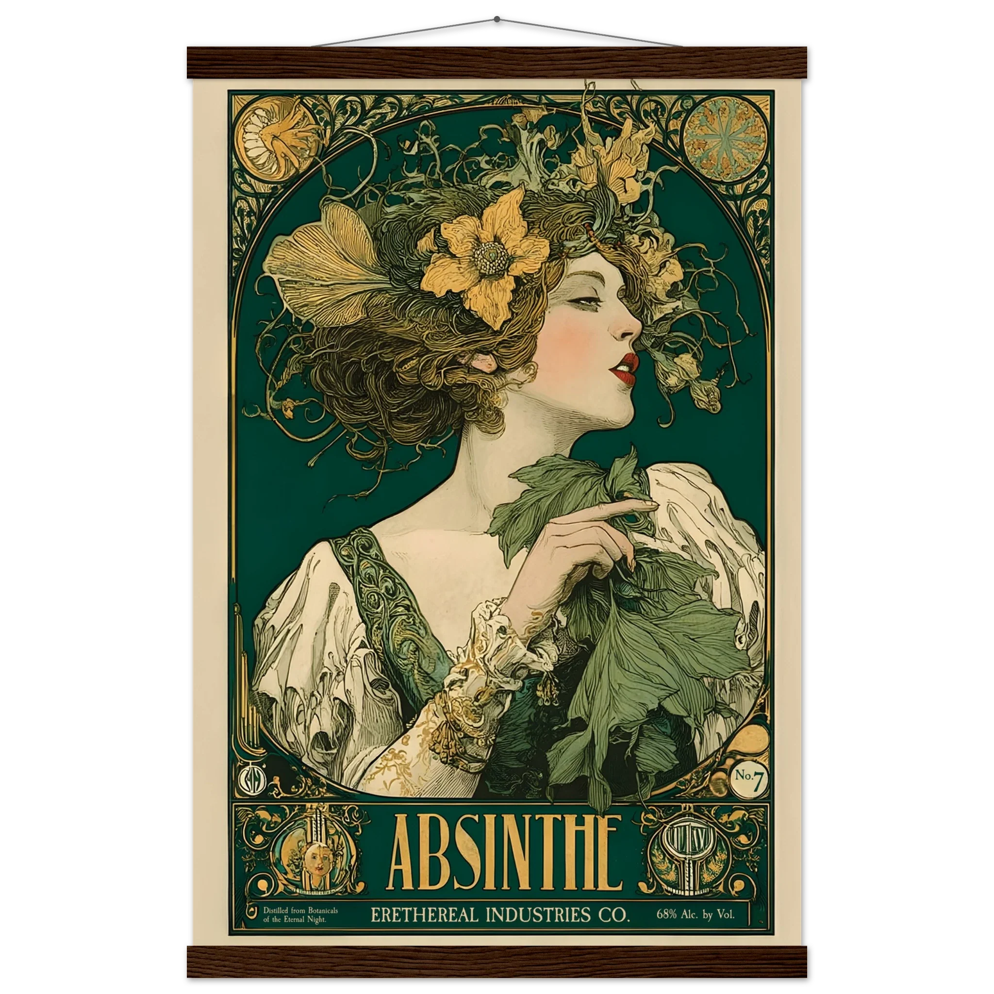 Vintage-style Absinthe advertisement poster with a woman's portrait and floral elements.