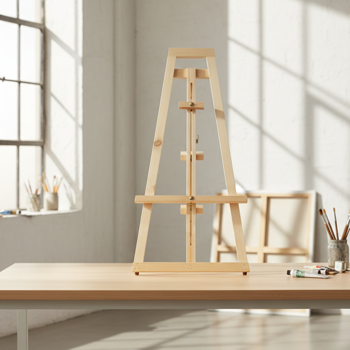 Wooden easel on a table with a neutral background