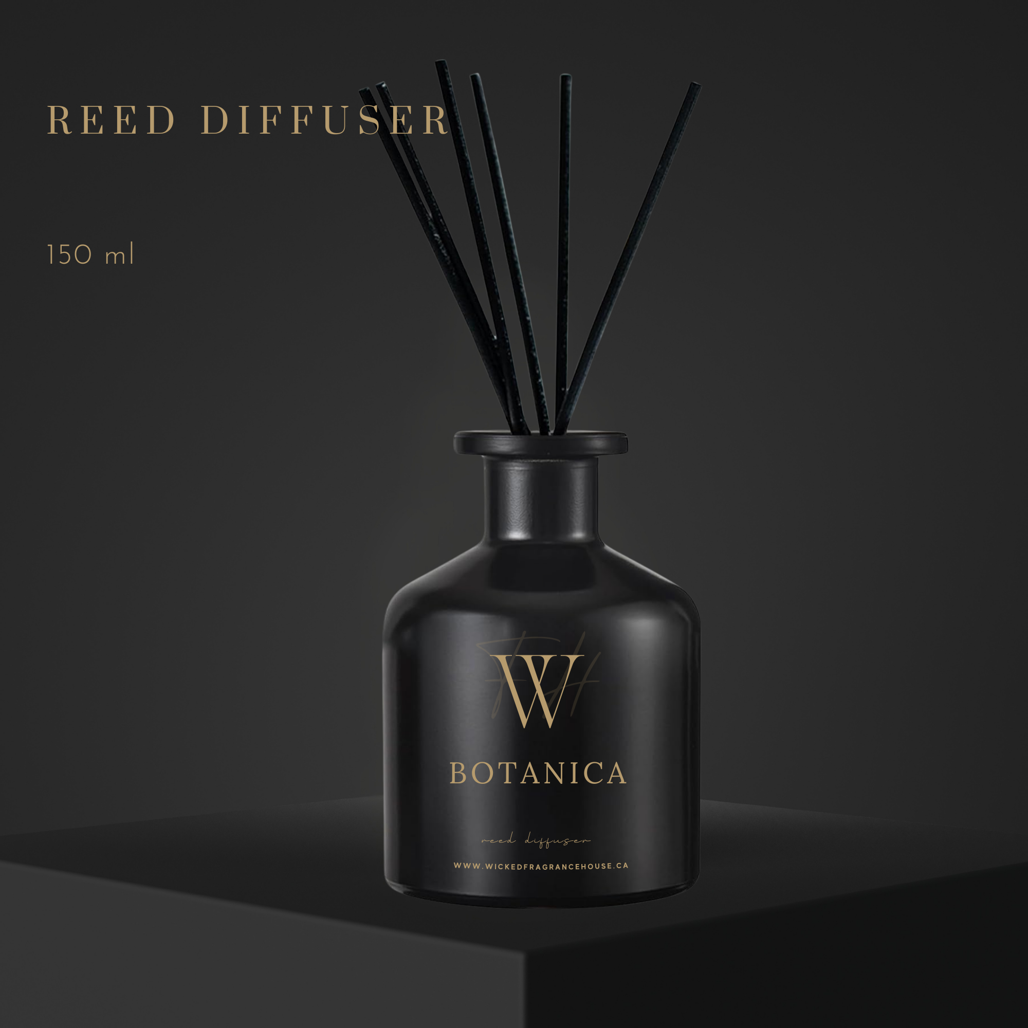 Black reed diffuser bottle with 'W Botanica' branding on a dark background