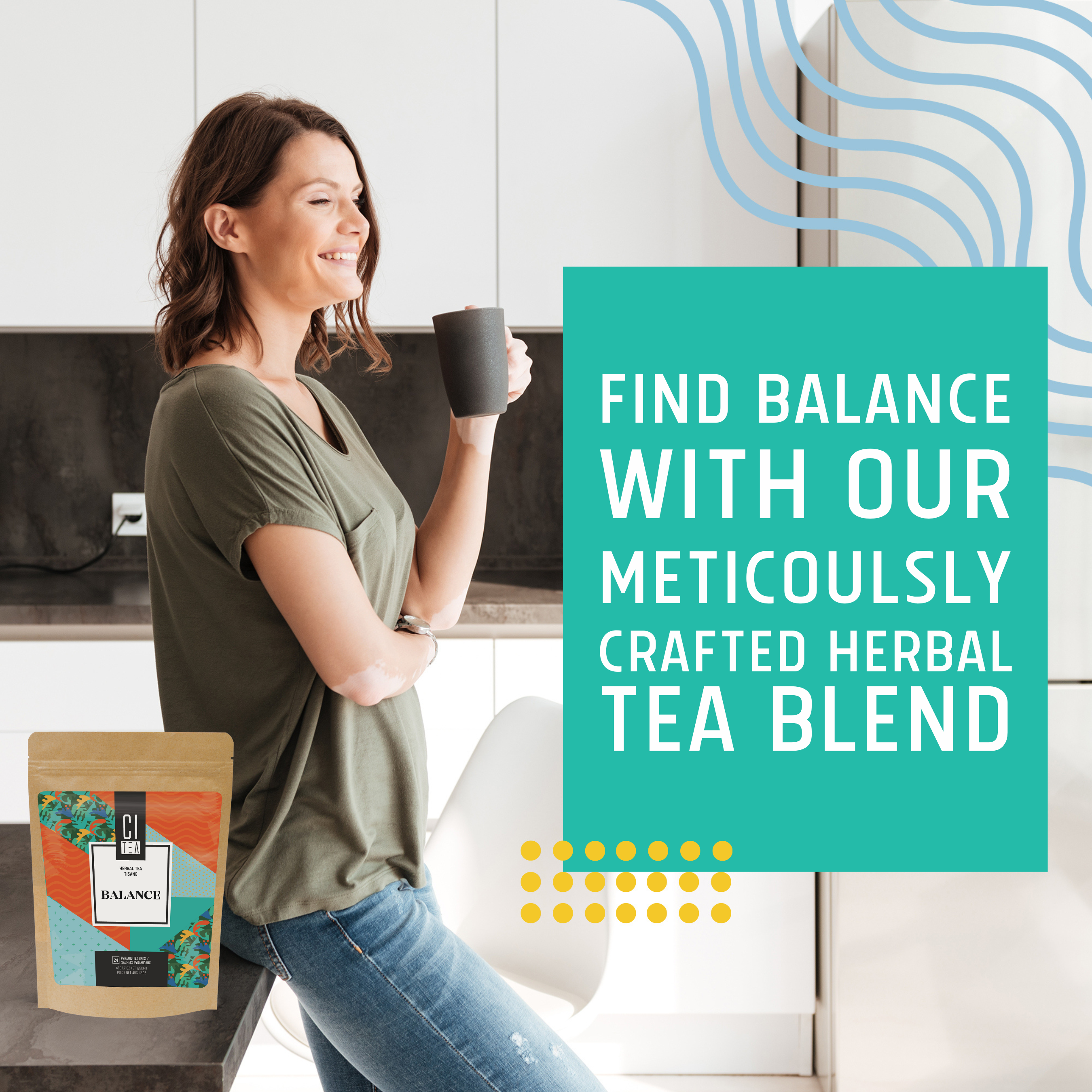 Woman holding a mug with text about herbal tea blend in a kitchen setting