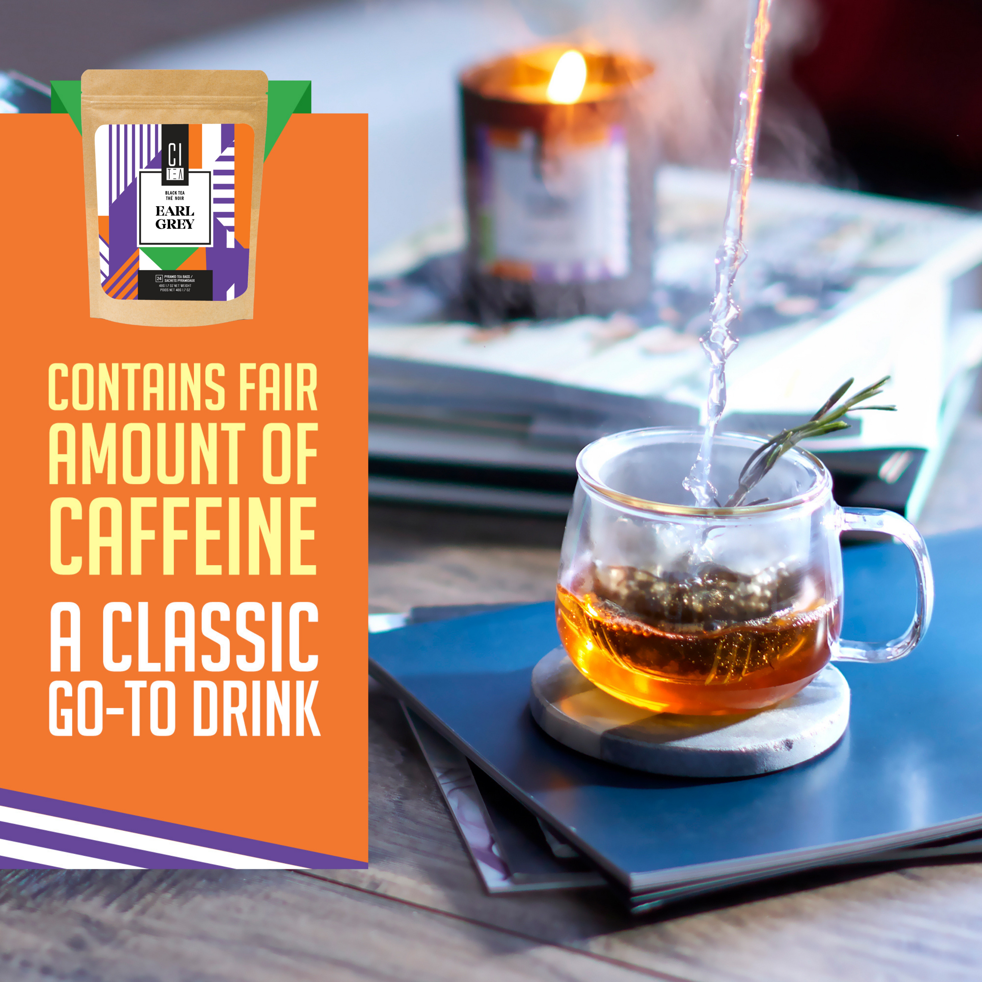 Tea being poured into a glass mug with a packet of tea on an orange background, featuring text about caffeine content.