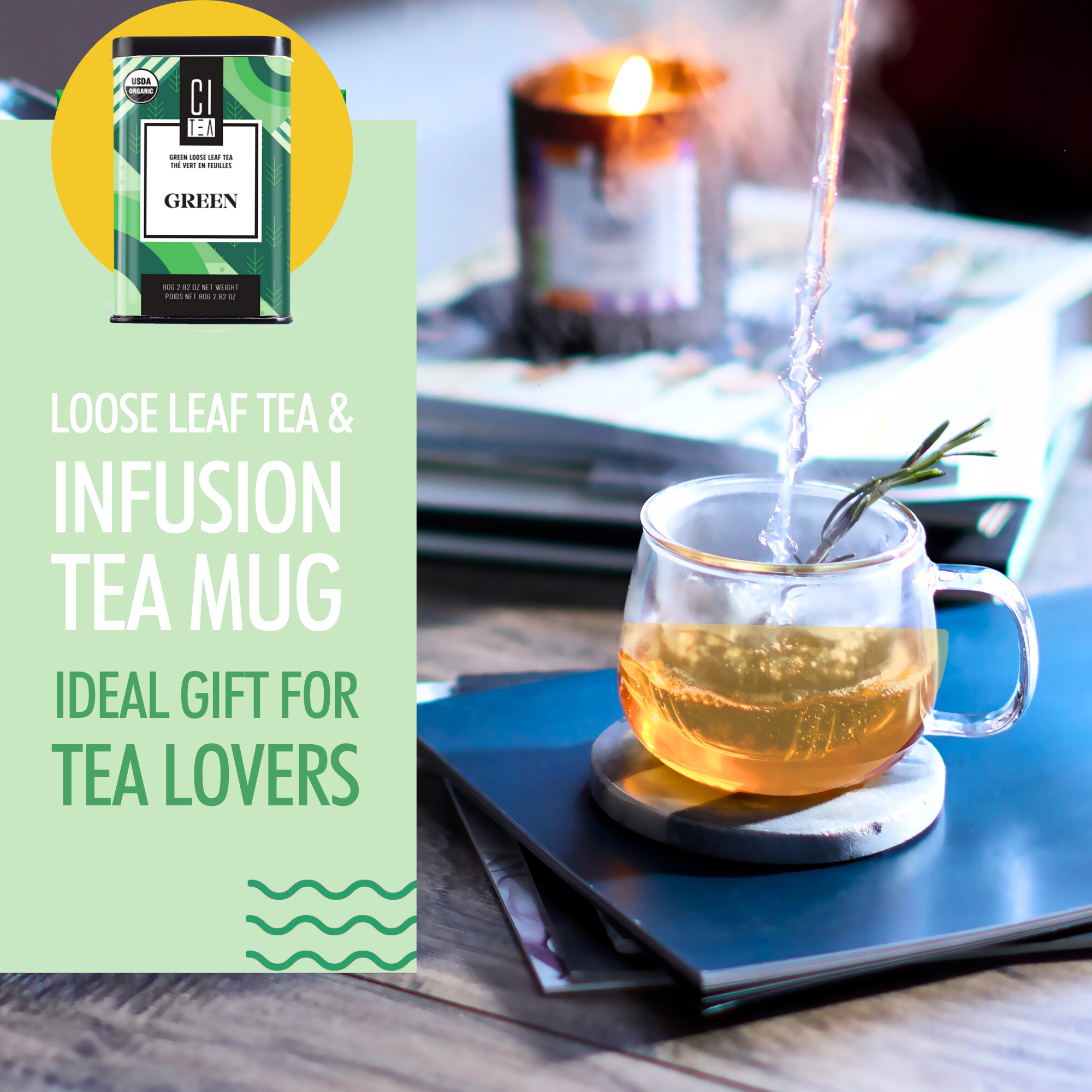 Glass mug with tea being poured, loose leaf tea packaging, and text about a gift for tea lovers.