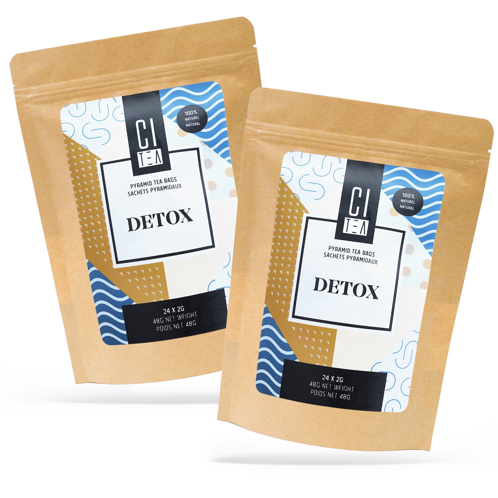 Two packages of CI Detox tea on a white background