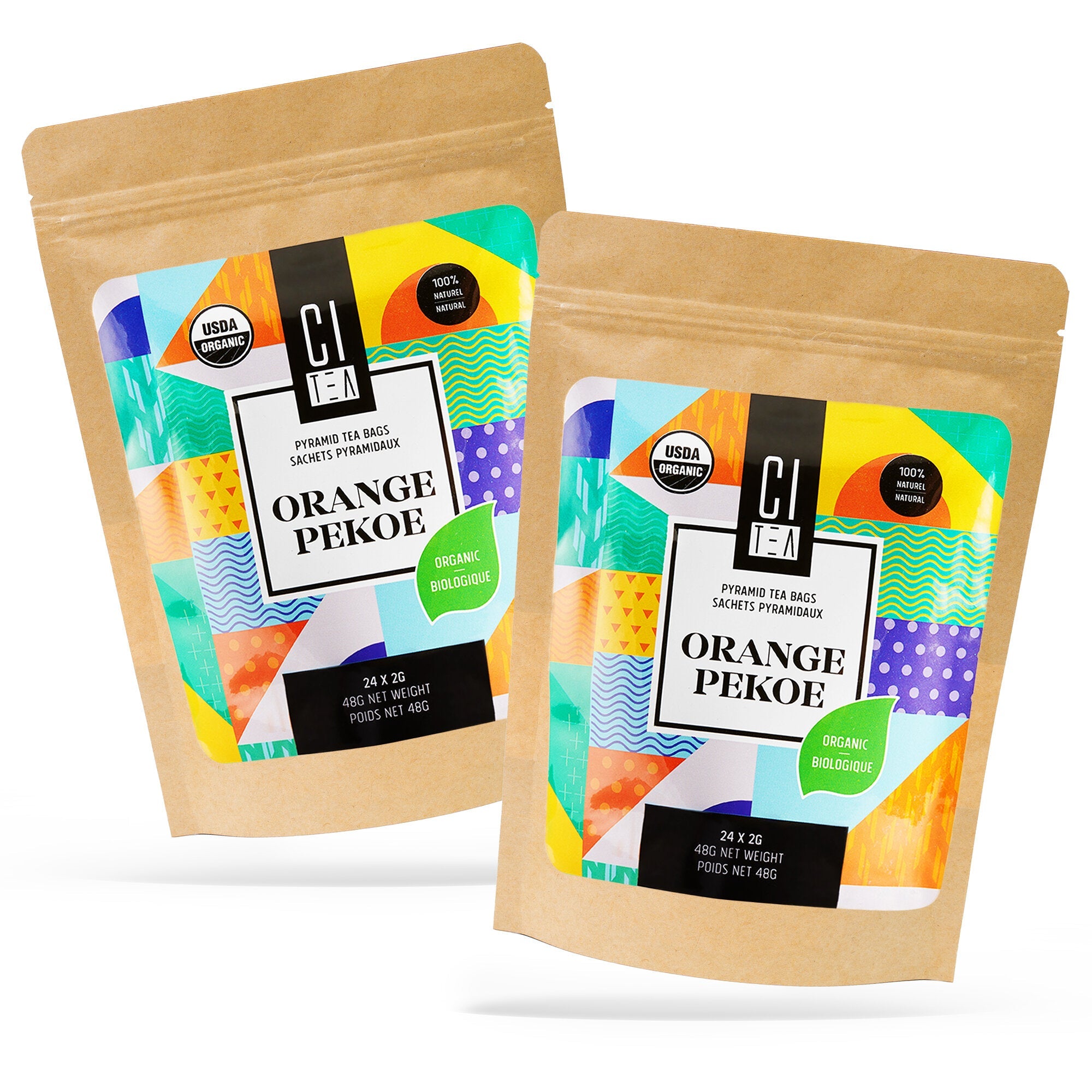 Two packages of Orange Pekoe tea with colorful labels on a white background