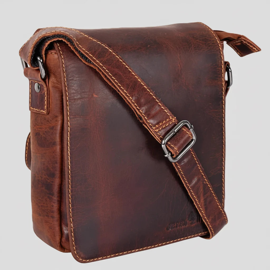 Greenwood Mini-Messenger Bag – Wax Pull-Up Leather Flap Over | Boutique of Leathers brown side