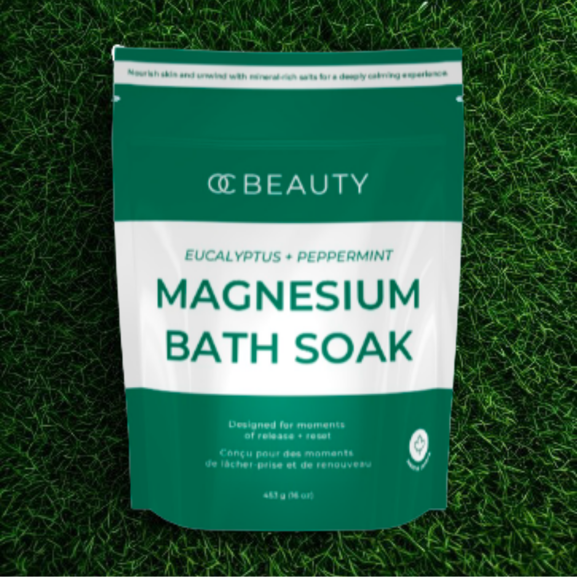Eucalyptus + Peppermint Magnesium Bath Soak package on a grass background
