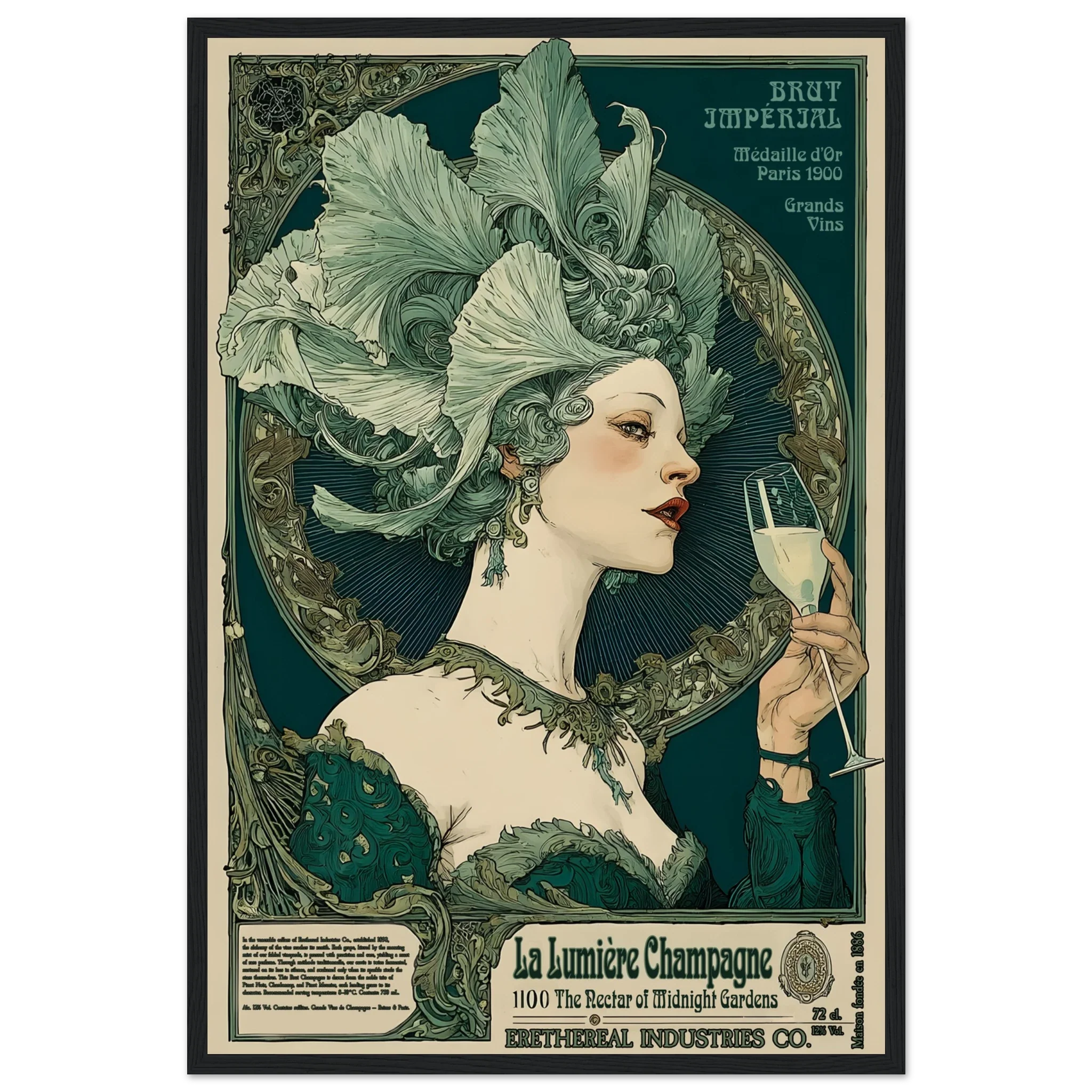 Vintage-style poster of a woman with an elaborate headdress holding a champagne glass, framed by decorative elements.