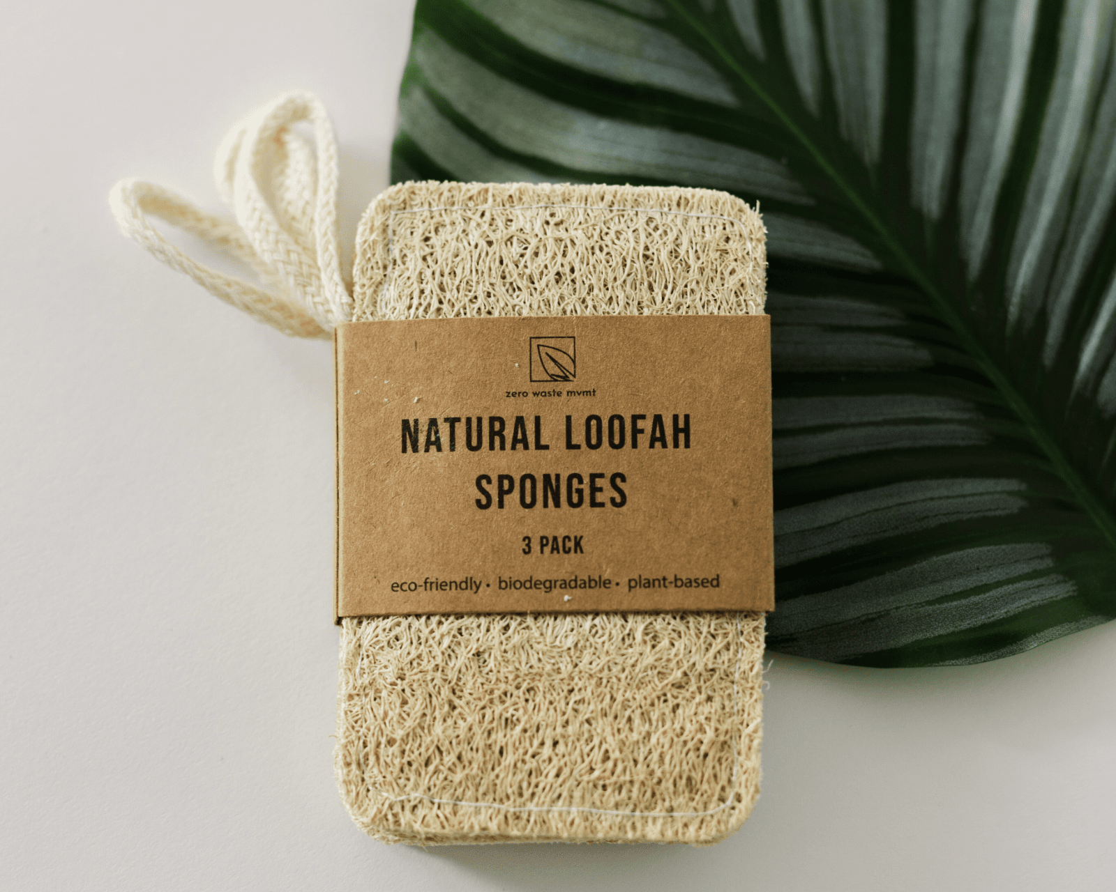 Three natural loofah sponges with a brown label on a light background