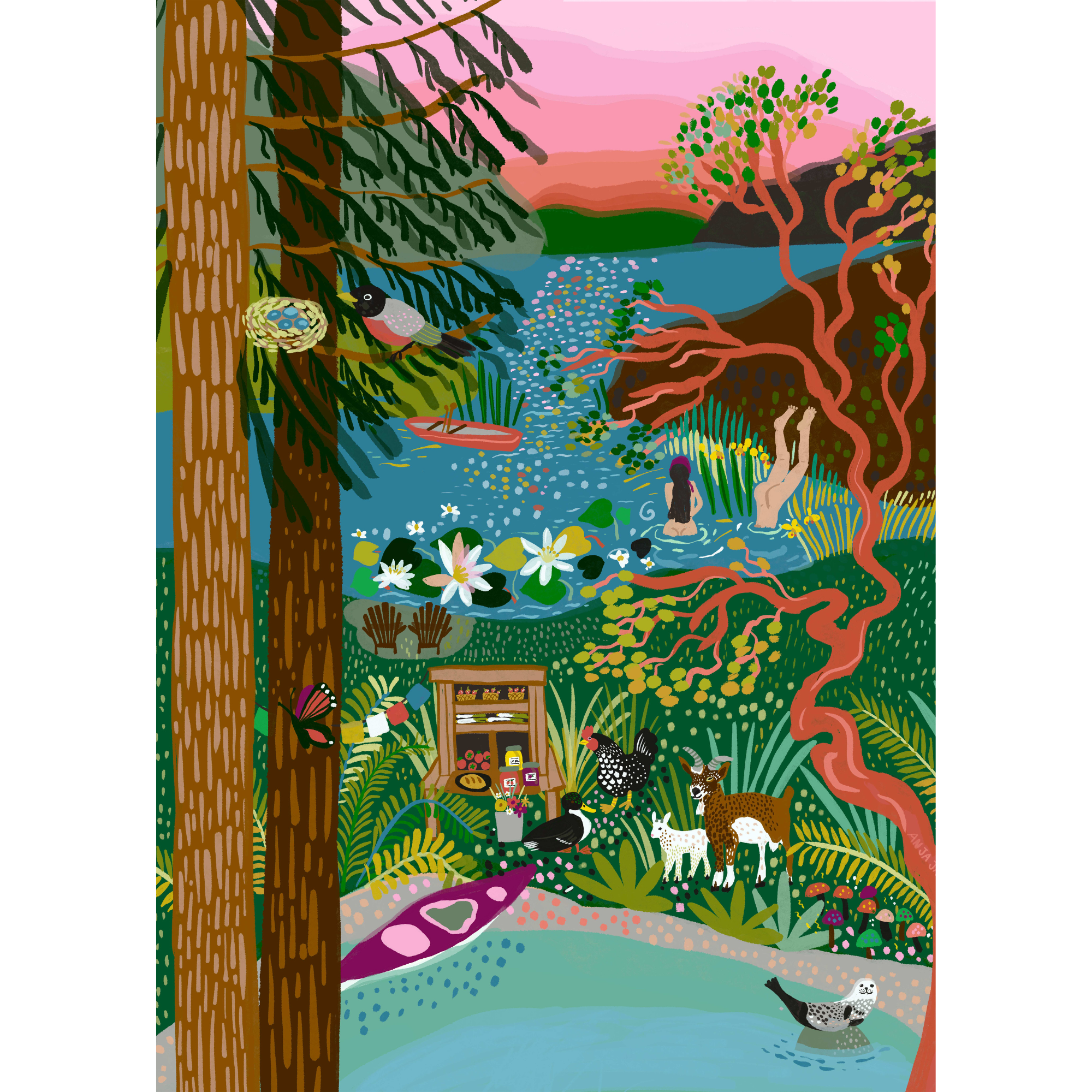 Colorful illustration of a forest scene with a stream, animals, and nature elements.